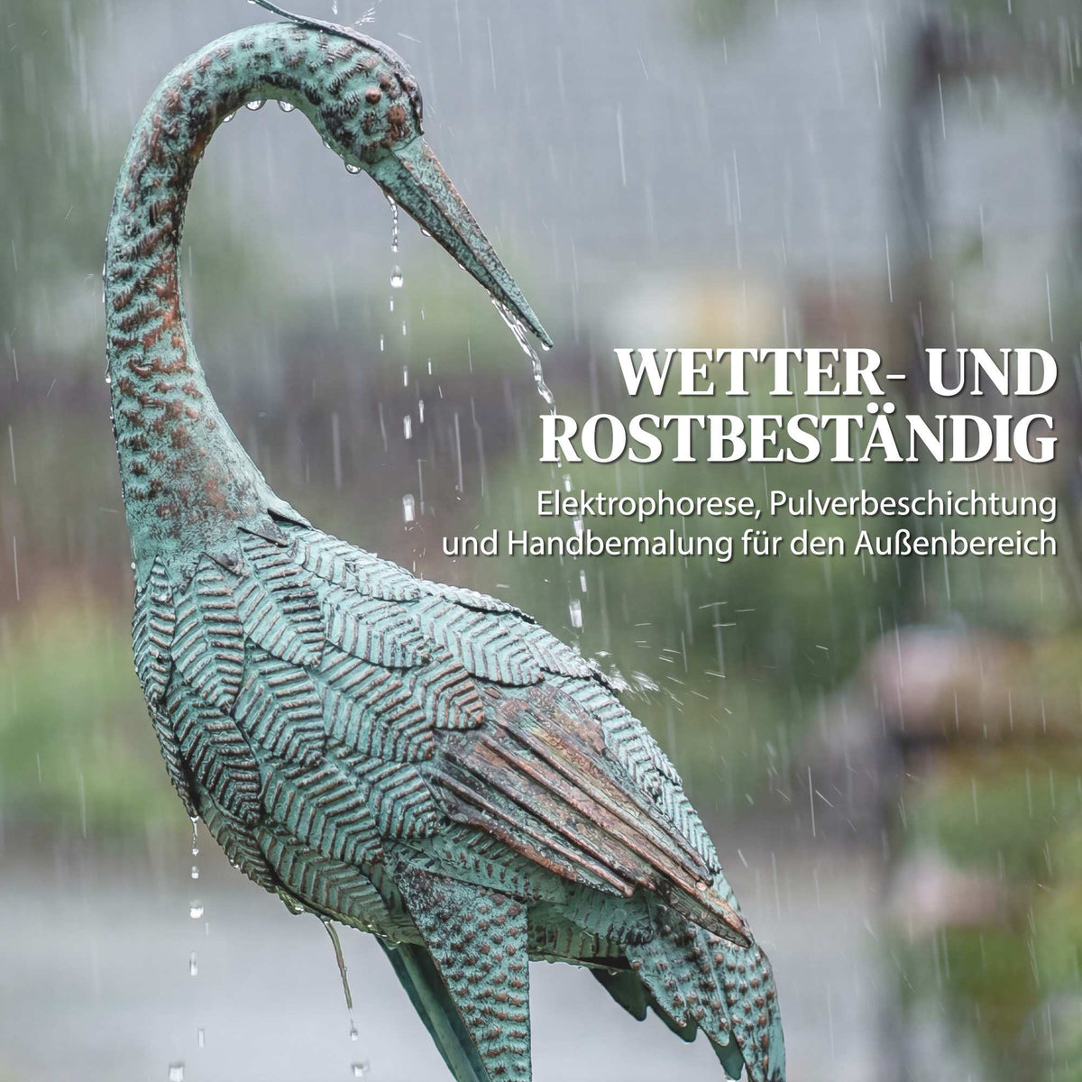 Heron Garden Statue, Metal, 88 cm, Green/Bronze