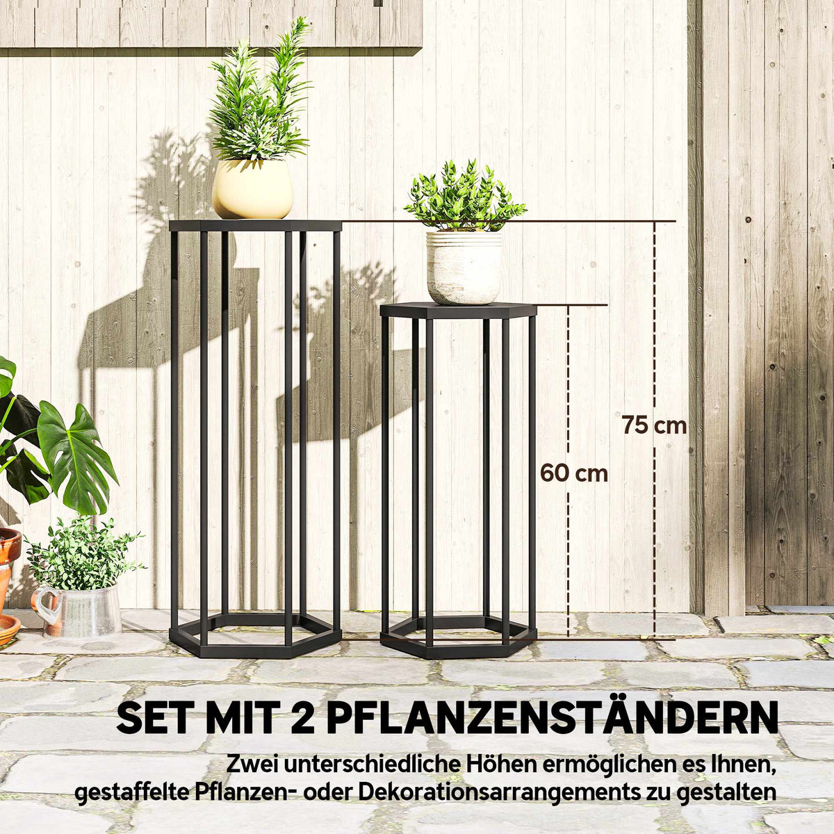 Hexagonal Metal Plant Stands, Indoor Outdoor, Set of 2