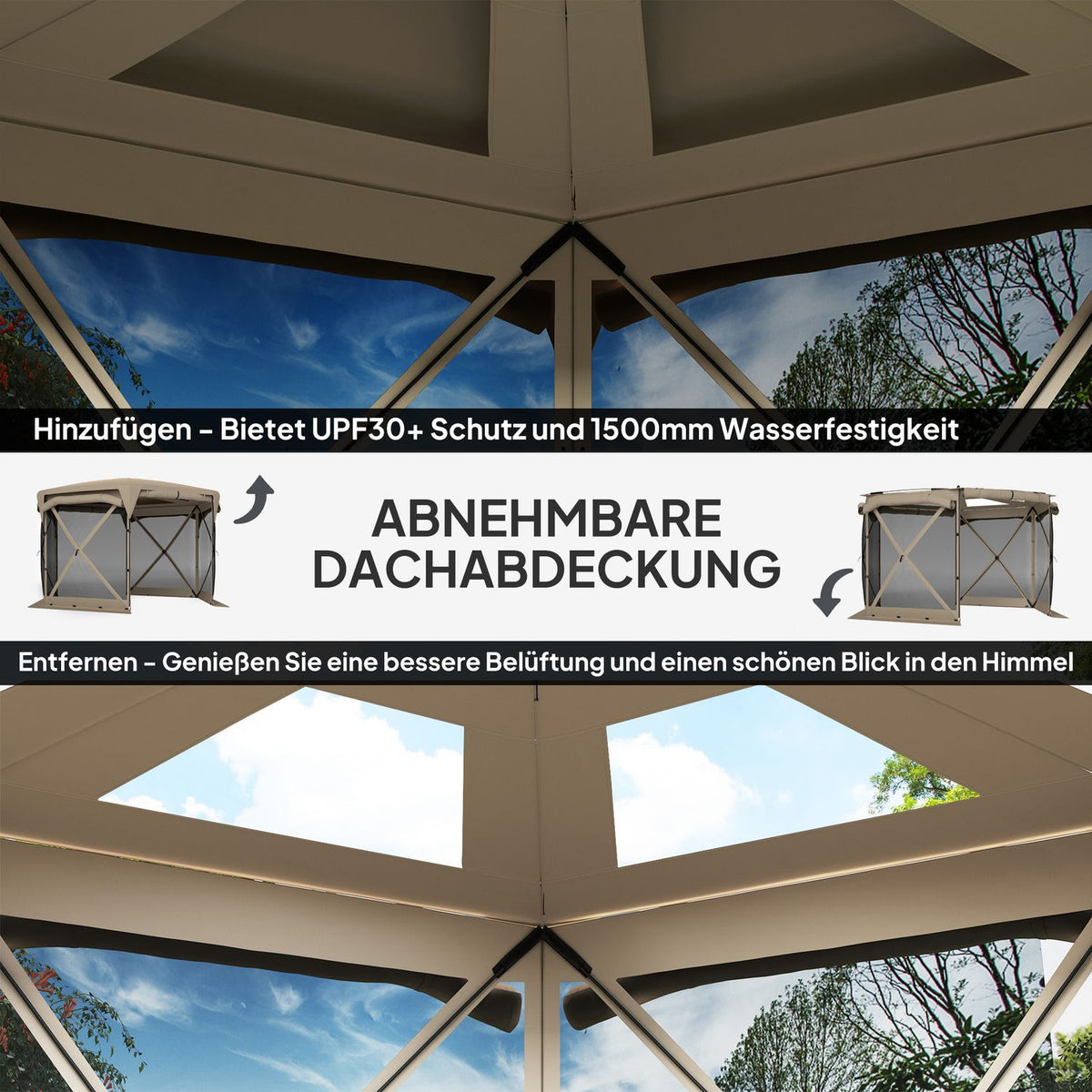 Hexagonal pavilion approx. 3.5x3m pop-up folding pavilion with removable roof UV 30+ foldable waterproof party tent garden tent with 5 side panels garden pavilion for camping garden festival, khaki