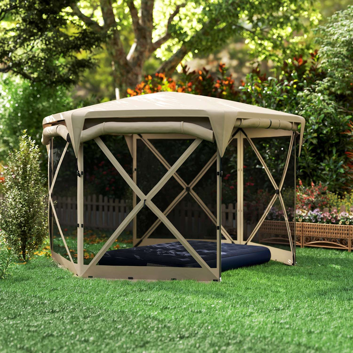 Hexagonal pavilion approx. 3.5x3m pop-up folding pavilion with removable roof UV 30+ foldable waterproof party tent garden tent with 5 side panels garden pavilion for camping garden festival, khaki