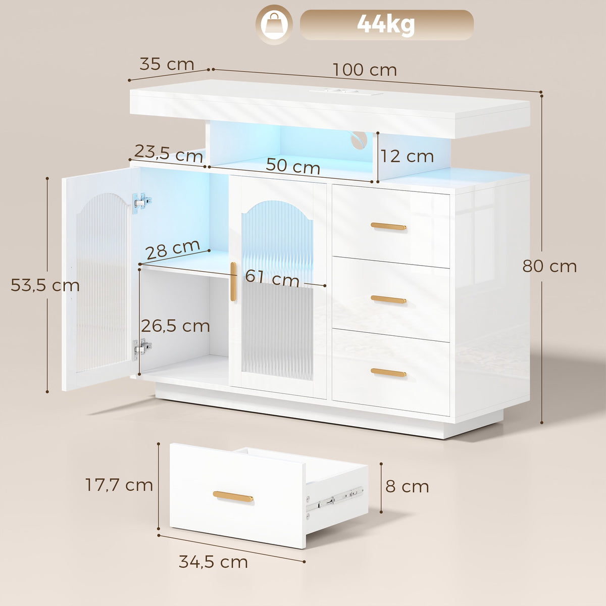 High Gloss White Sideboard With LED, Outlets, 3 Drawers