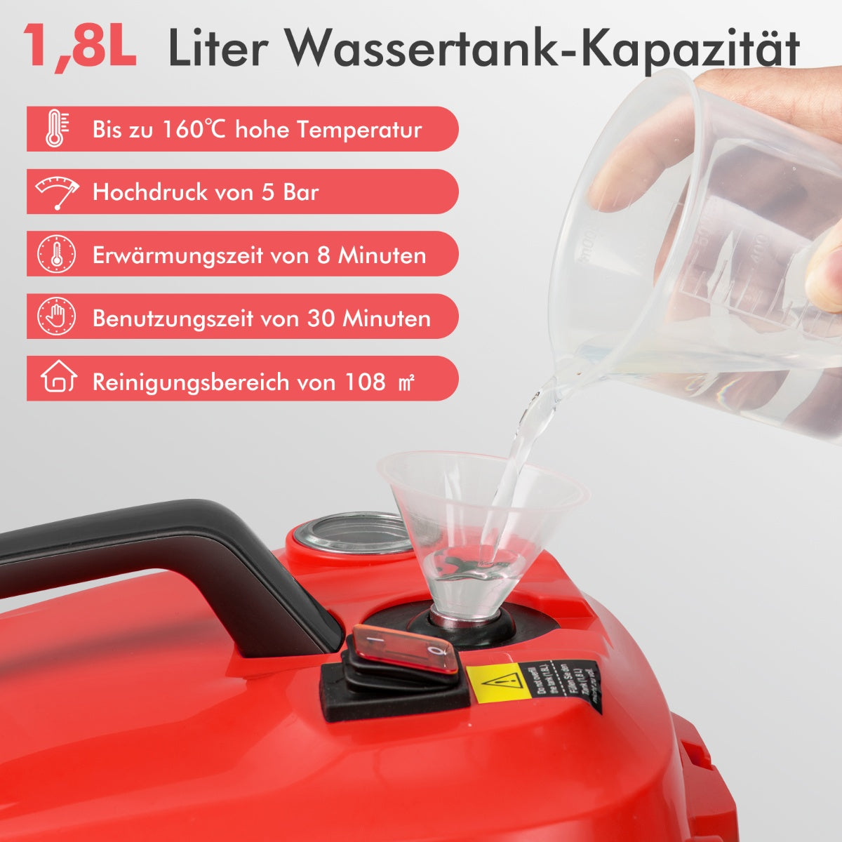 High-Pressure Steam Cleaner, 2000W, 15-Piece Set, Red