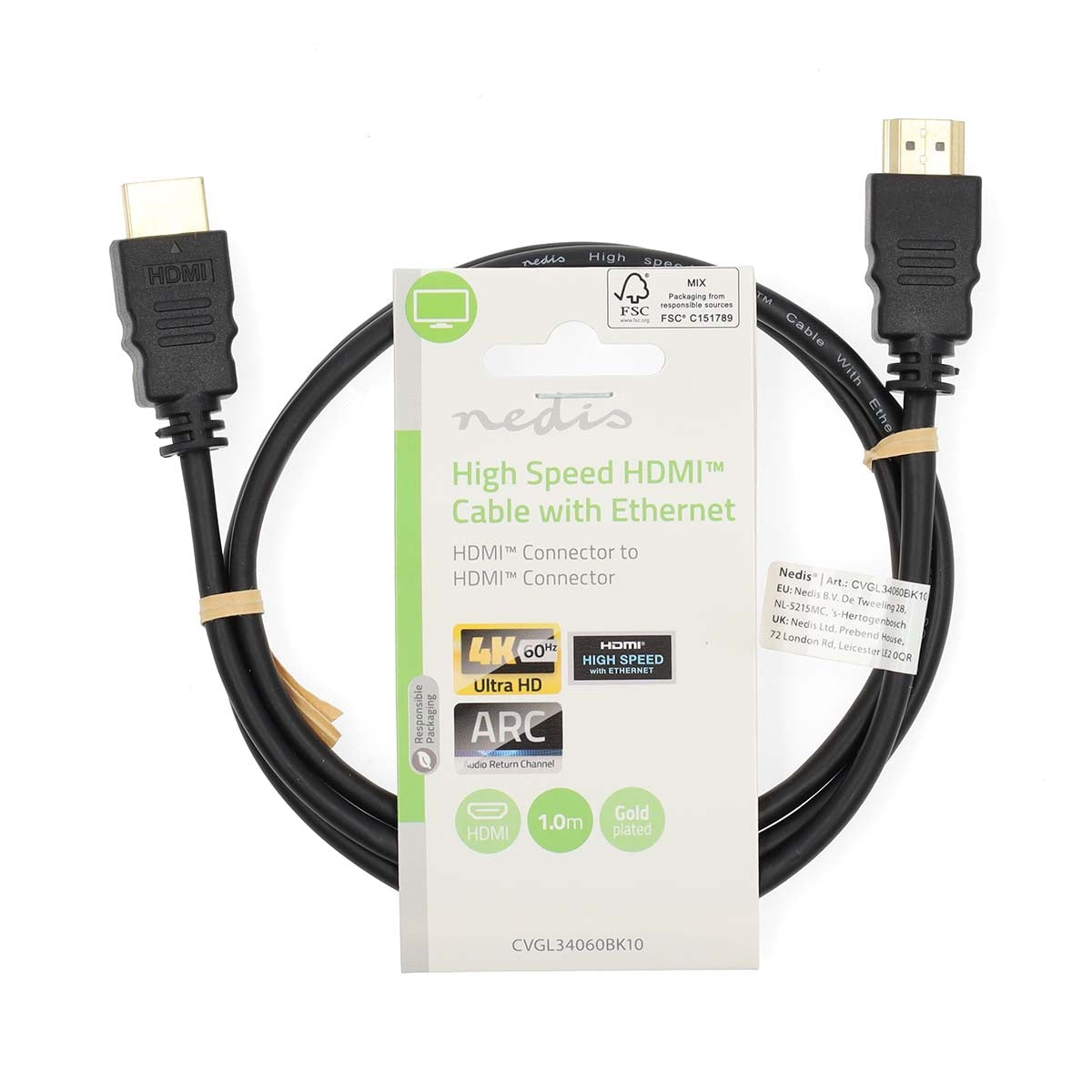 High Speed HDMI™ Cable with Ethernet | HDMI™ Connector | HDMI™ Connector | 4K@60Hz | ARC | 18 Gbps | 1.00 m | Round | PVC | Black | Label