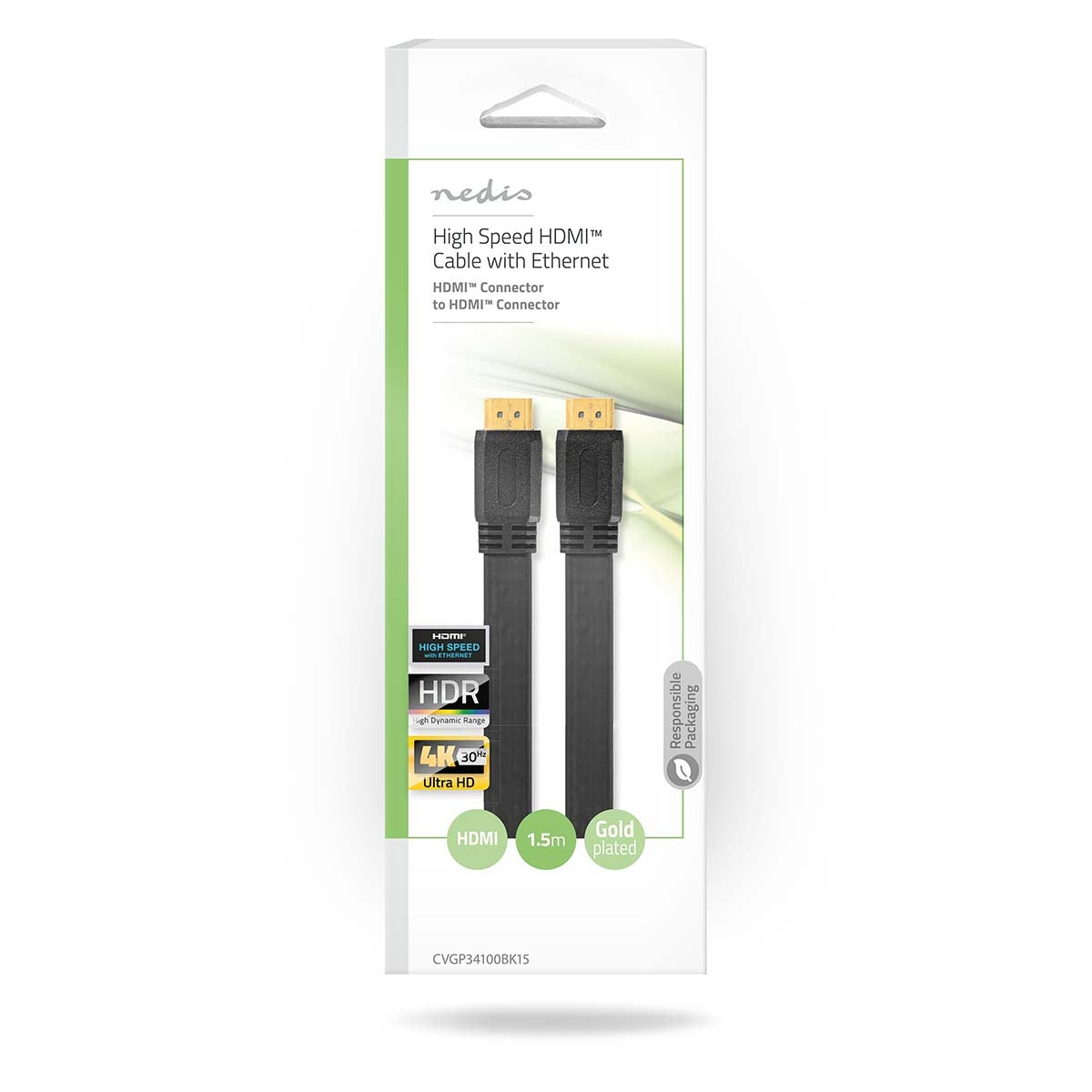 High Speed HDMI ™ cable with Ethernet | HDMI™ Connector | HDMI™ Connector | 4K@30Hz | 10.2 Gbps | 1.50 m | Flat | PVC | Black | Plastic bag