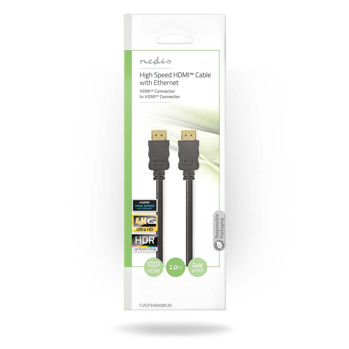 High Speed HDMI ™ cable with Ethernet | HDMI™ Connector | HDMI™ Connector | 4K@30Hz | ARC | 10.2 Gbps | 2.00 m | Round | PVC | Black | Envelope