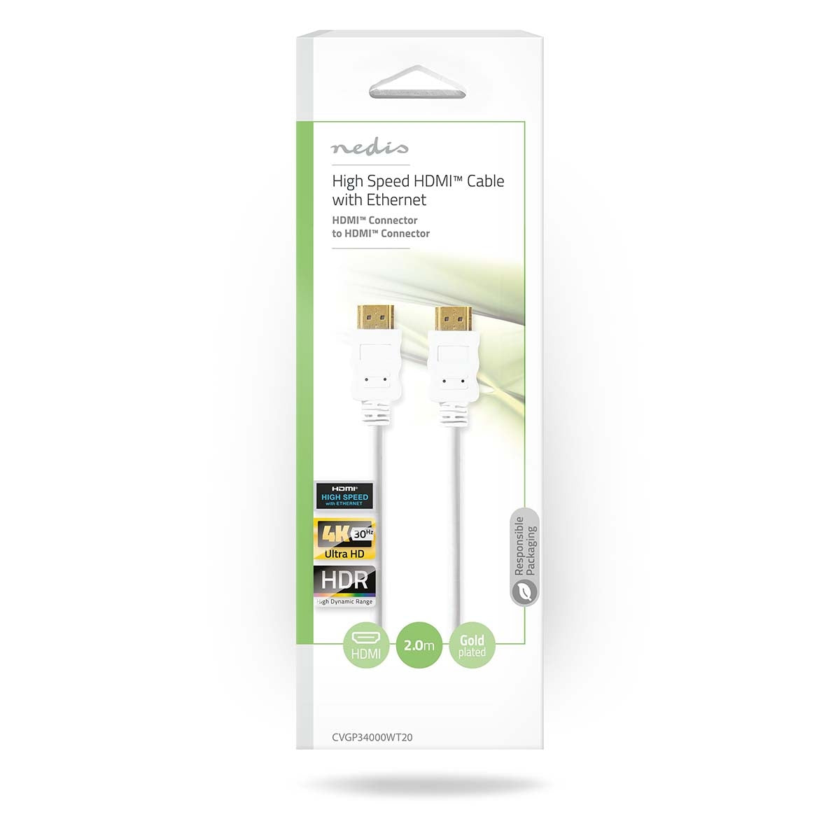 High Speed HDMI ™ cable with Ethernet | HDMI™ Connector | HDMI™ Connector | 4K@30Hz | ARC | 10.2 Gbps | 2.00 m | Round | PVC | White | Plastic bag