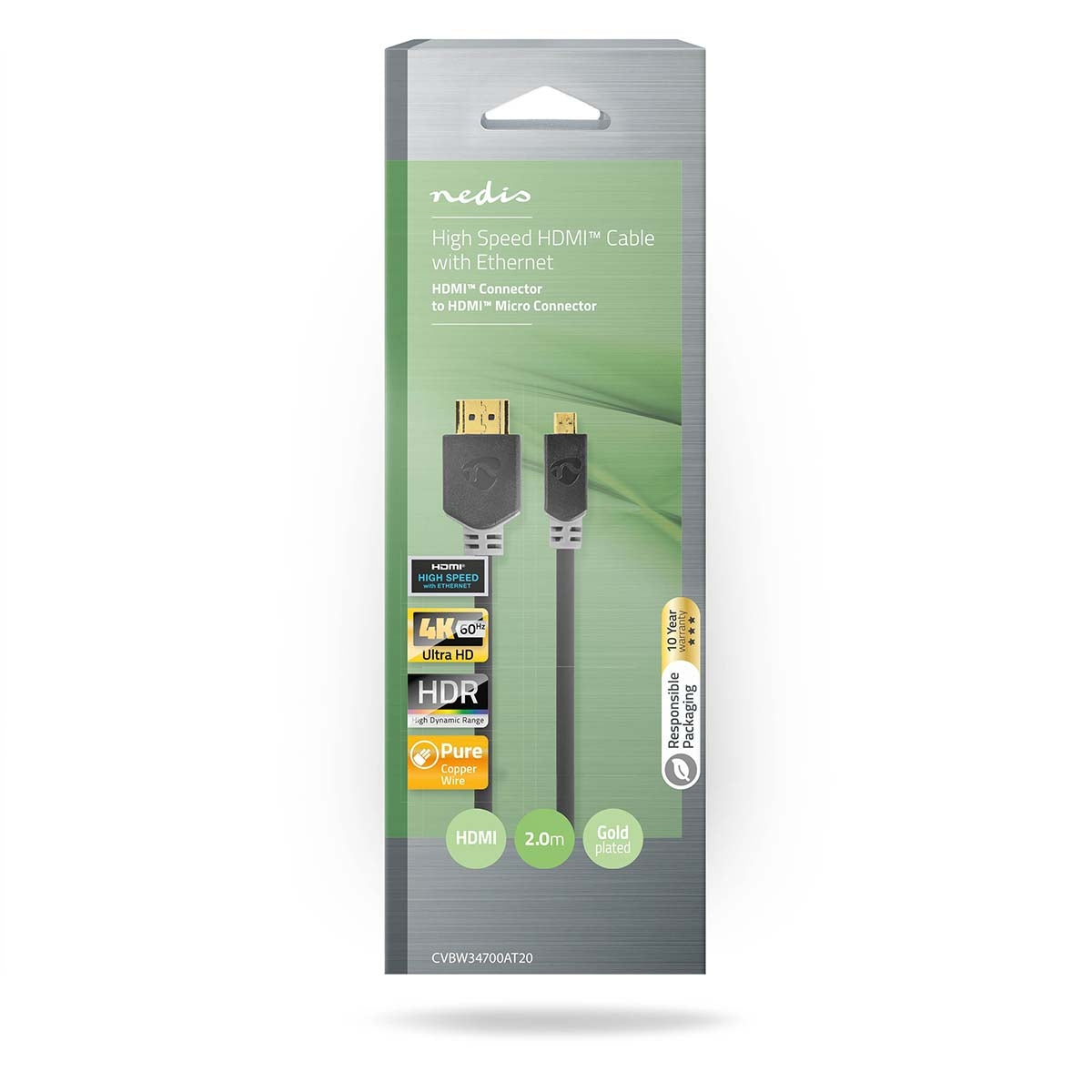 High Speed HDMI ™ cable with Ethernet | HDMI™ Connector | HDMI™ Micro connector | 4K@30Hz | 10.2 Gbps | 2.00 m | Round | PVC | Anthracite | Cardboard box with window