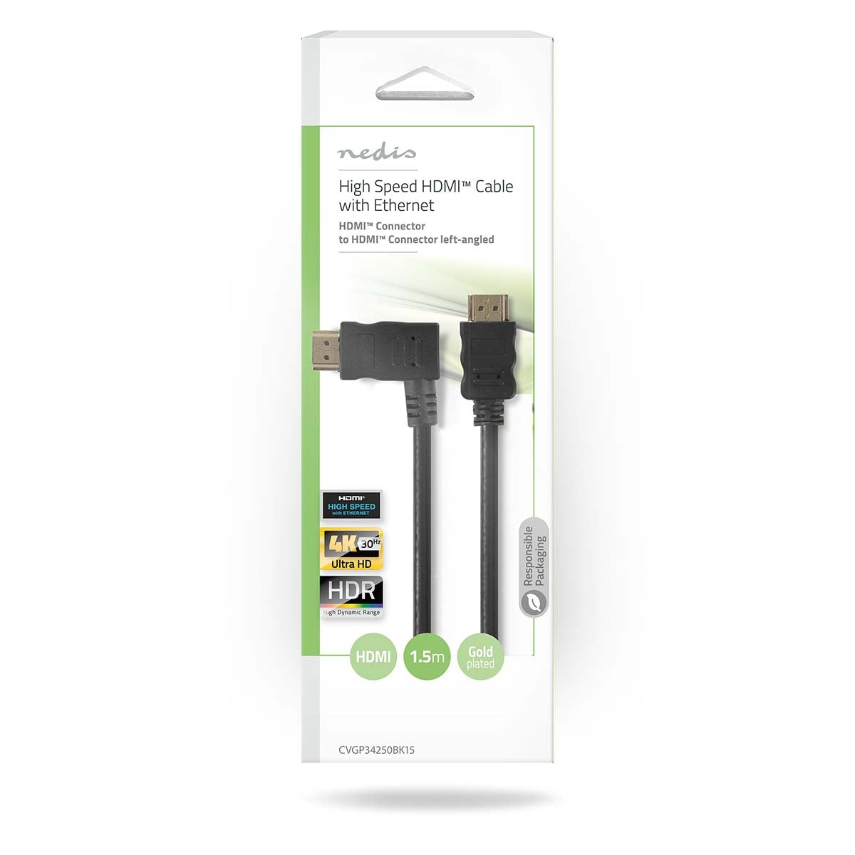 High Speed HDMI ™ cable with Ethernet | Left Hooked HDMI™ Connector | HDMI™ Connector | 4K@30Hz | 10.2 Gbps | 1.50 m | Round | PVC | Black | Plastic bag
