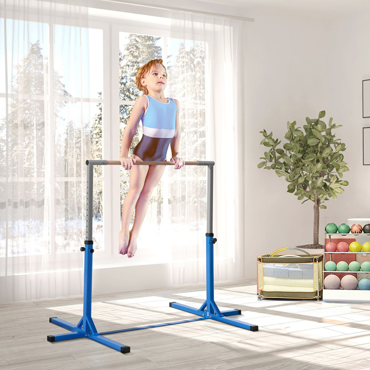 High bar, height-adjustable gymnastics bar, 13 levels, loadable up to 75 kg, made of steel and beech wood in blue for gymnastics and training