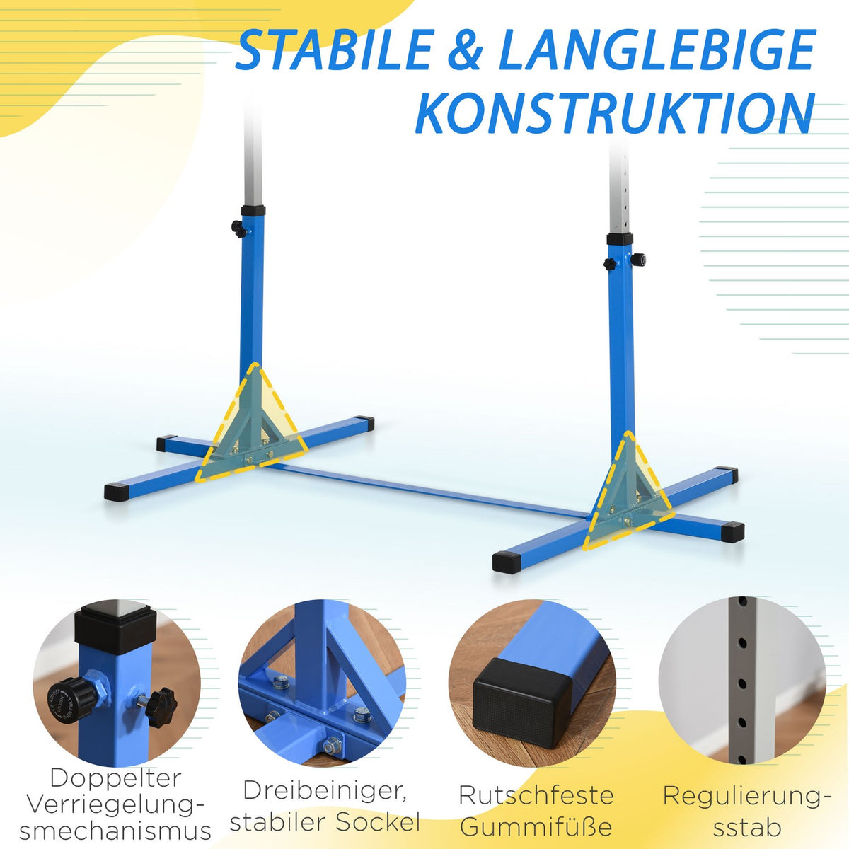 High bar, height-adjustable gymnastics bar, 13 levels, loadable up to 75 kg, made of steel and beech wood in blue for gymnastics and training