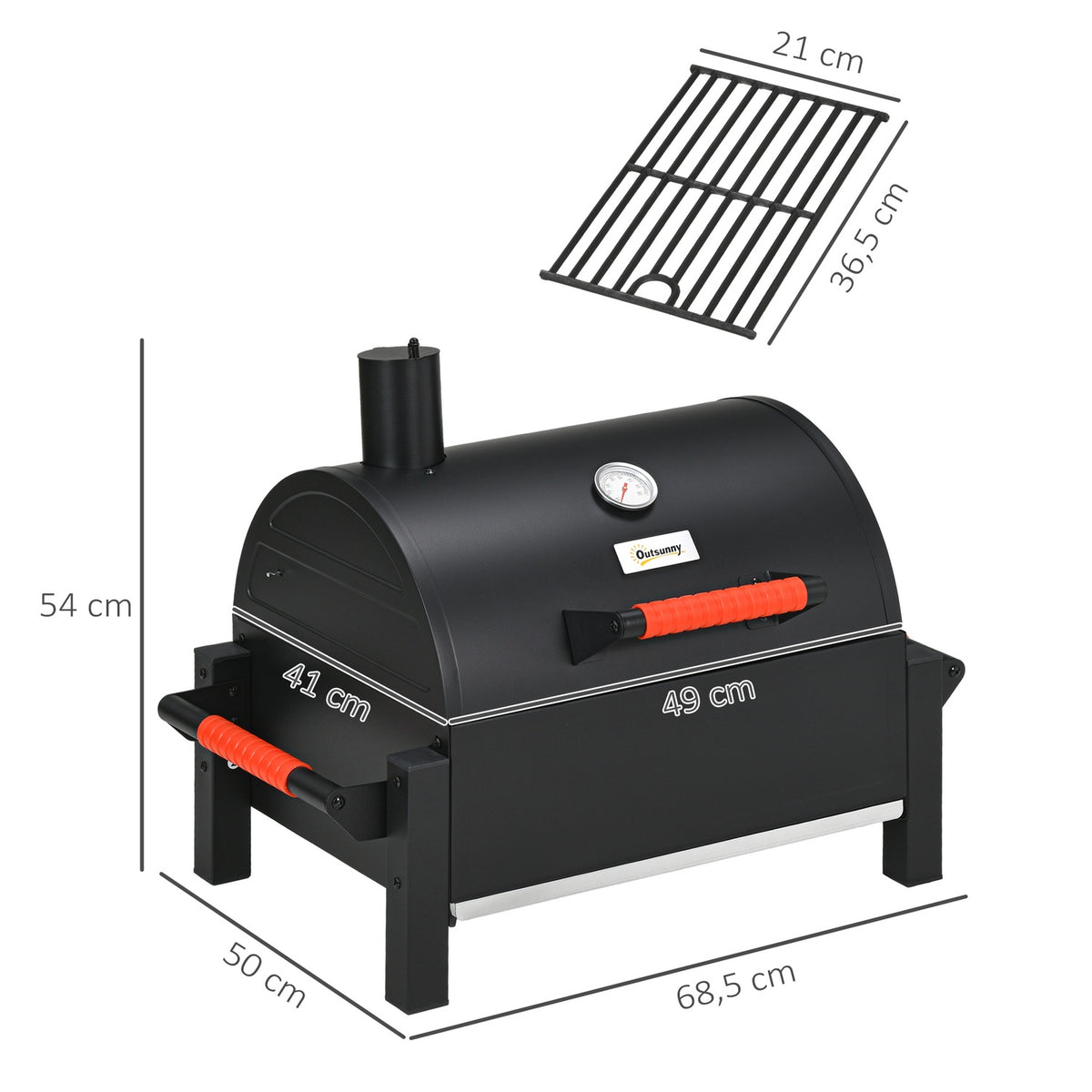 Hollow Wooden Grill, Table Grill With Grill Rack, Charcoal Tray, Camping Grill With Lid, Handle, Thermometer, Table Wood Grill For Picnic, Garden, Black, 68.5 X 50 X 54 Cm