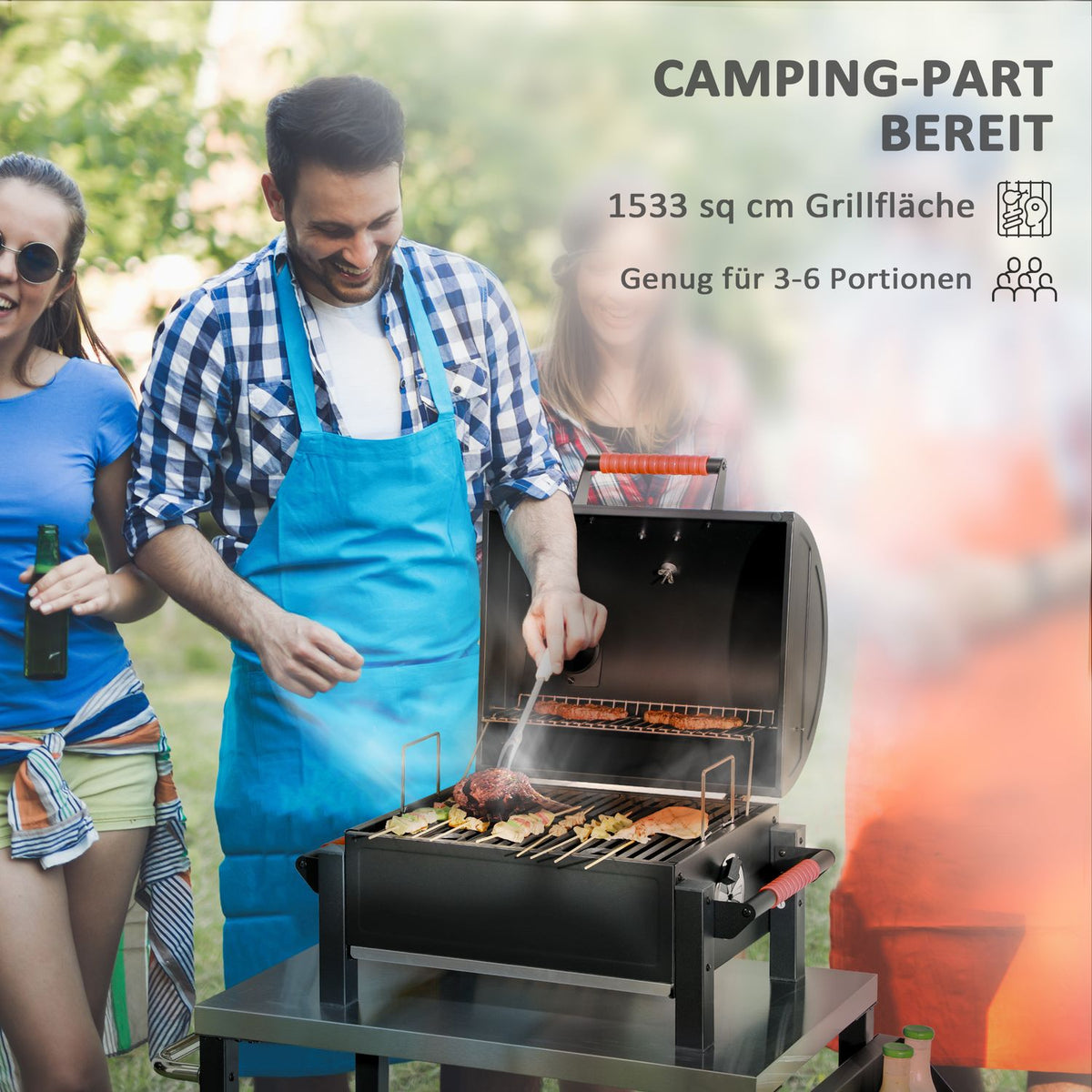 Hollow Wooden Grill, Table Grill With Grill Rack, Charcoal Tray, Camping Grill With Lid, Handle, Thermometer, Table Wood Grill For Picnic, Garden, Black, 68.5 X 50 X 54 Cm