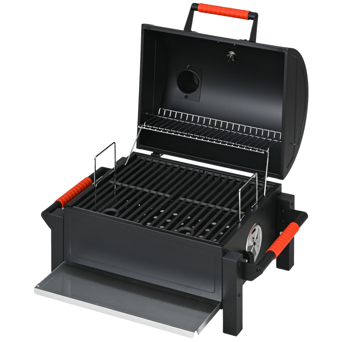 Hollow Wooden Grill, Table Grill With Grill Rack, Charcoal Tray, Camping Grill With Lid, Handle, Thermometer, Table Wood Grill For Picnic, Garden, Black, 68.5 X 50 X 54 Cm