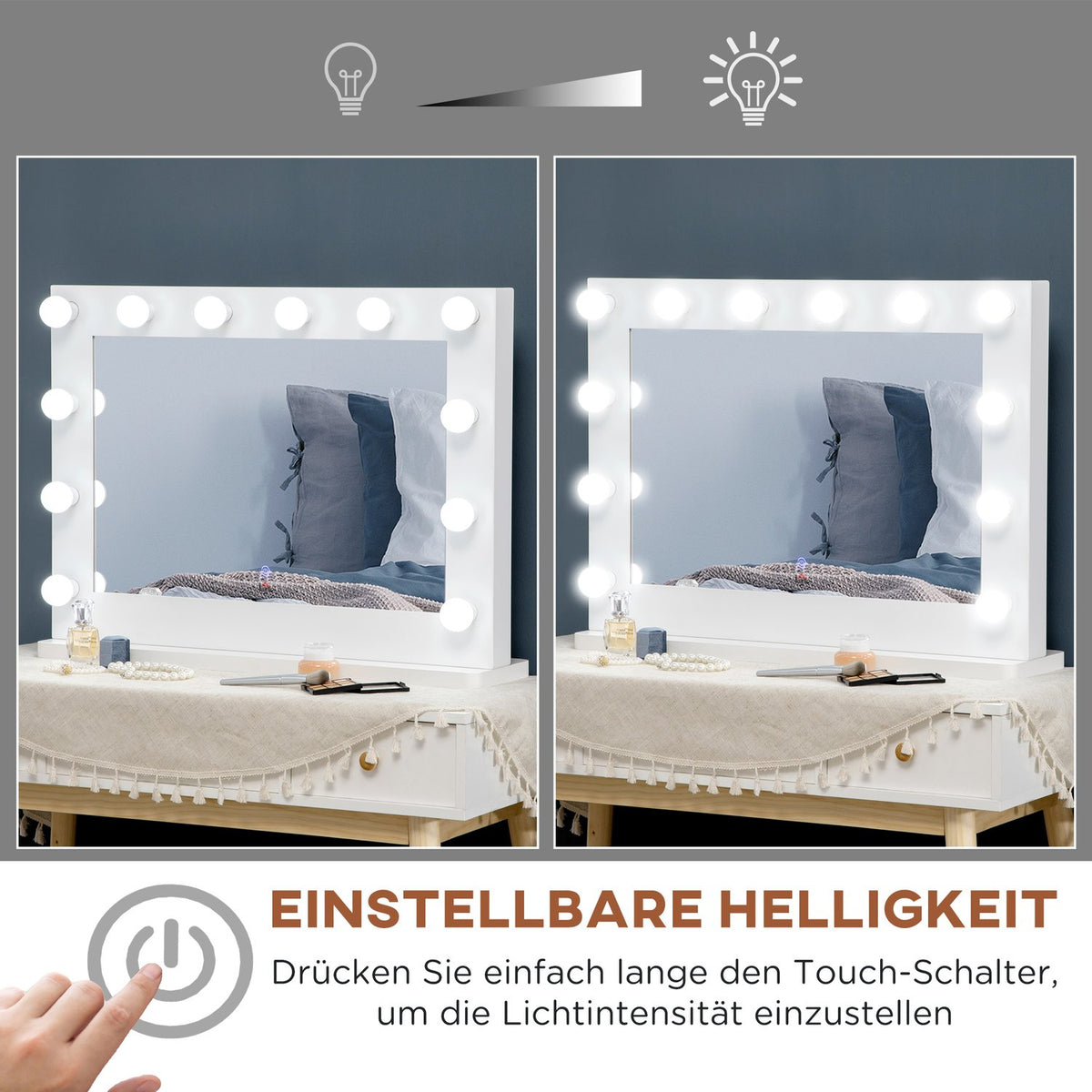 Hollywood Mirror With Lighting Touch Switch, 12 Dimmable Led Lamps, 80X60Cm, Memory Function, White