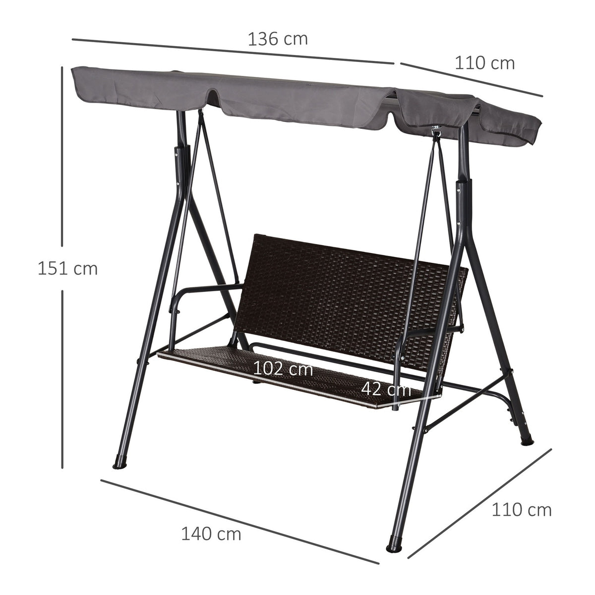 Hollywood Swing 2-Seater Garden Swing Rocking Bench Adjustable Sun Canopy Steel Frame Rattan 140 X 110 X 151 Cm