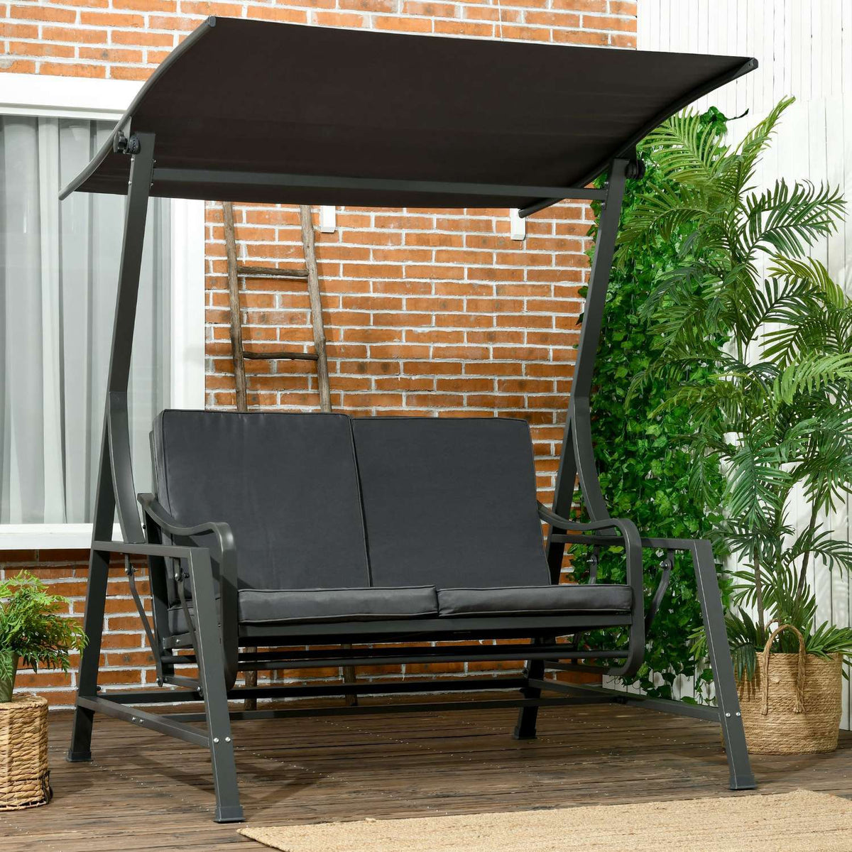 Hollywood Swing, 2-Seater Garden Swing, Swing Bench With Adjustable Sun Canopy, Seat Cushion, Dark Gray, Steel, 148 X 129 X 172 Cm