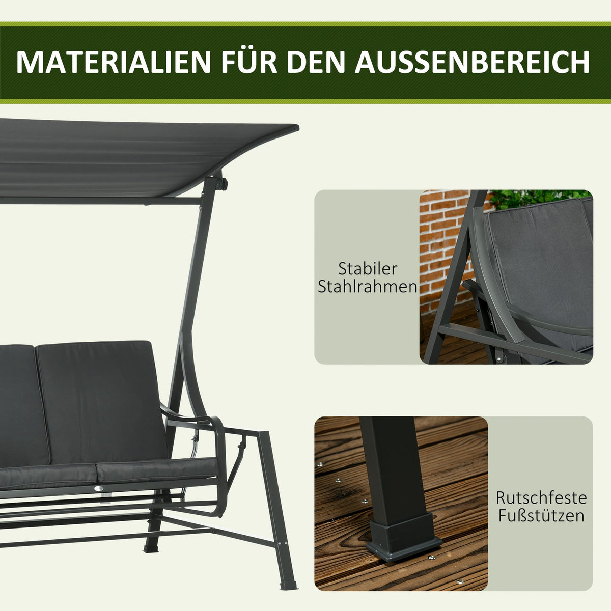 Hollywood Swing, 2-Seater Garden Swing, Swing Bench With Adjustable Sun Canopy, Seat Cushion, Dark Gray, Steel, 148 X 129 X 172 Cm