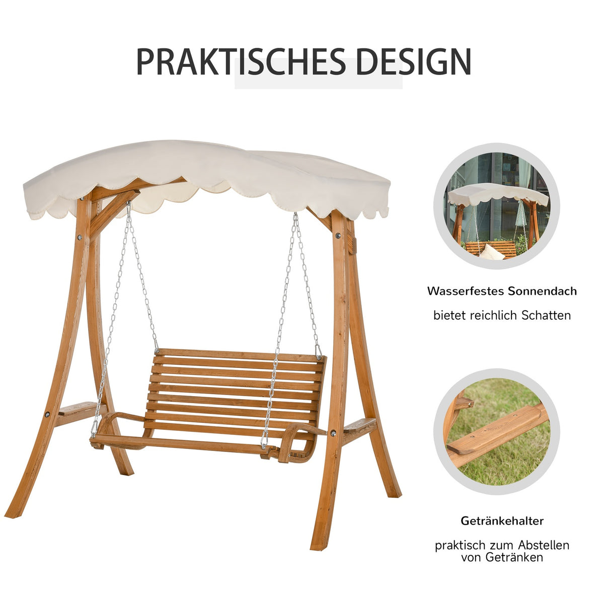 Hollywood Swing, 2-Seater Garden Swing, Swing Bench With Sun Canopy, Larch Wood, Cream White, 170 X 135 X 170 Cm