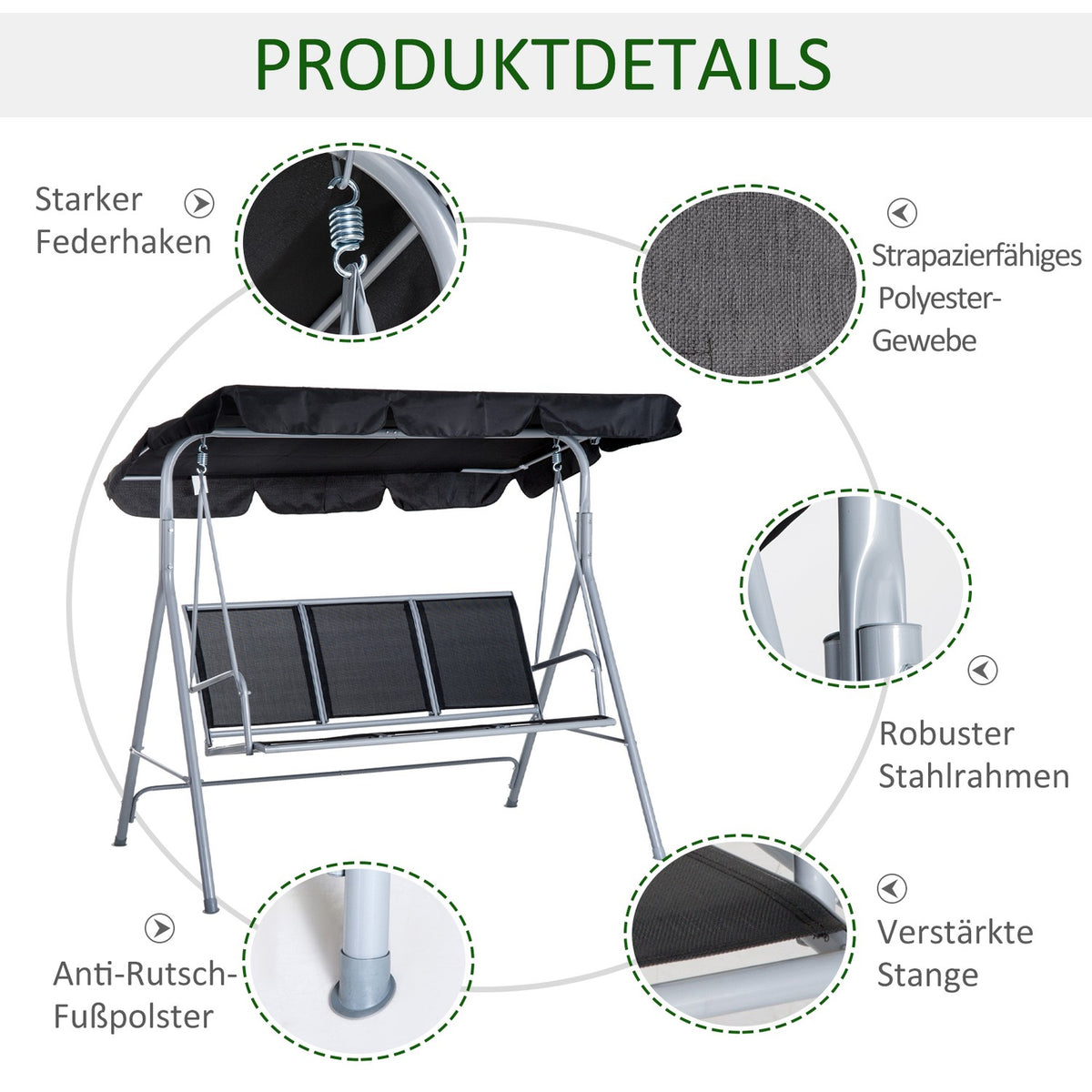 Hollywood Swing 3-Seater Elegant Garden Swing With Roof, Metal Frame, Black & Silver, 171X108X154Cm