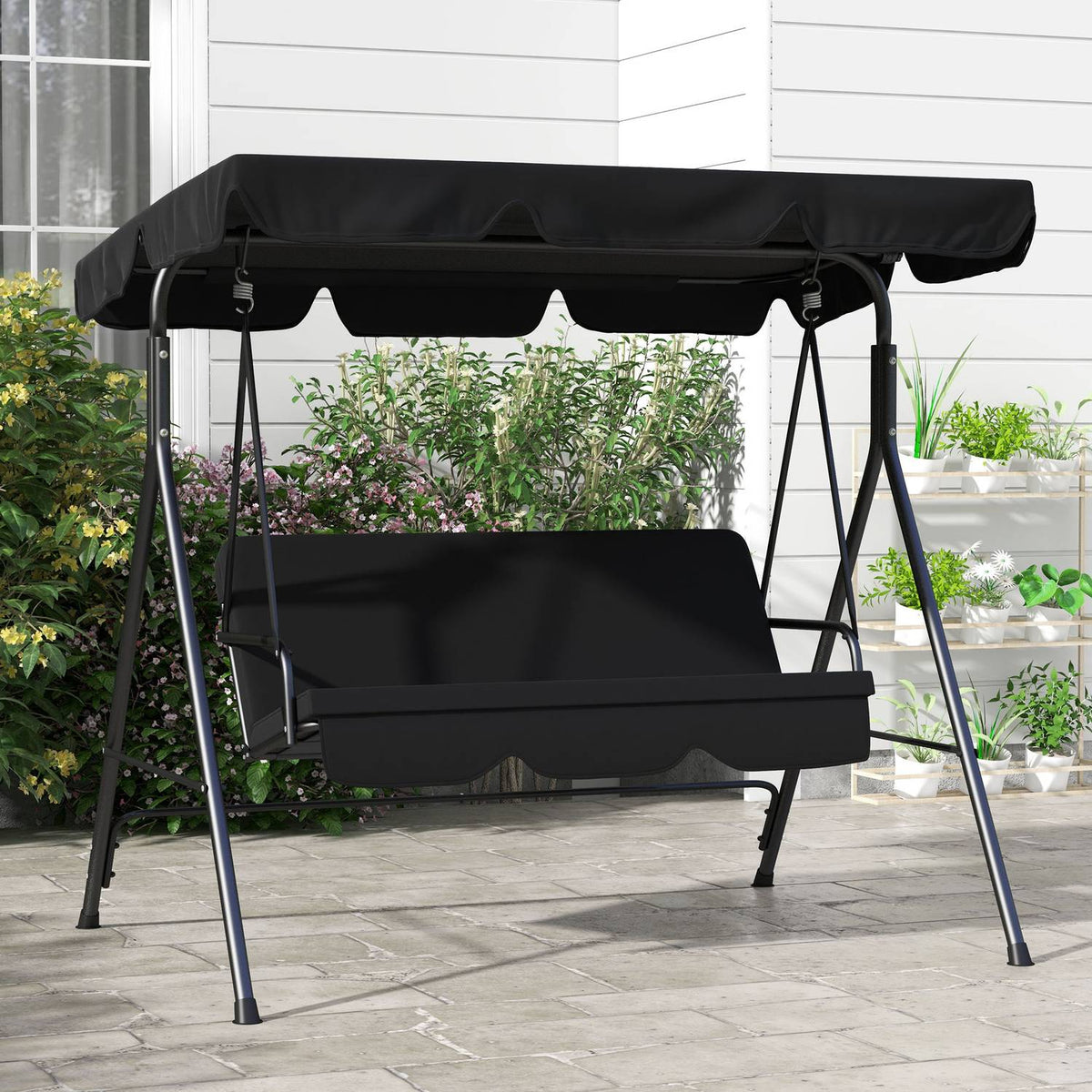 Hollywood Swing 3-Seater Garden Swing Bench With Adjustable Roof Steel Black 172 X 110 X 153 Cm