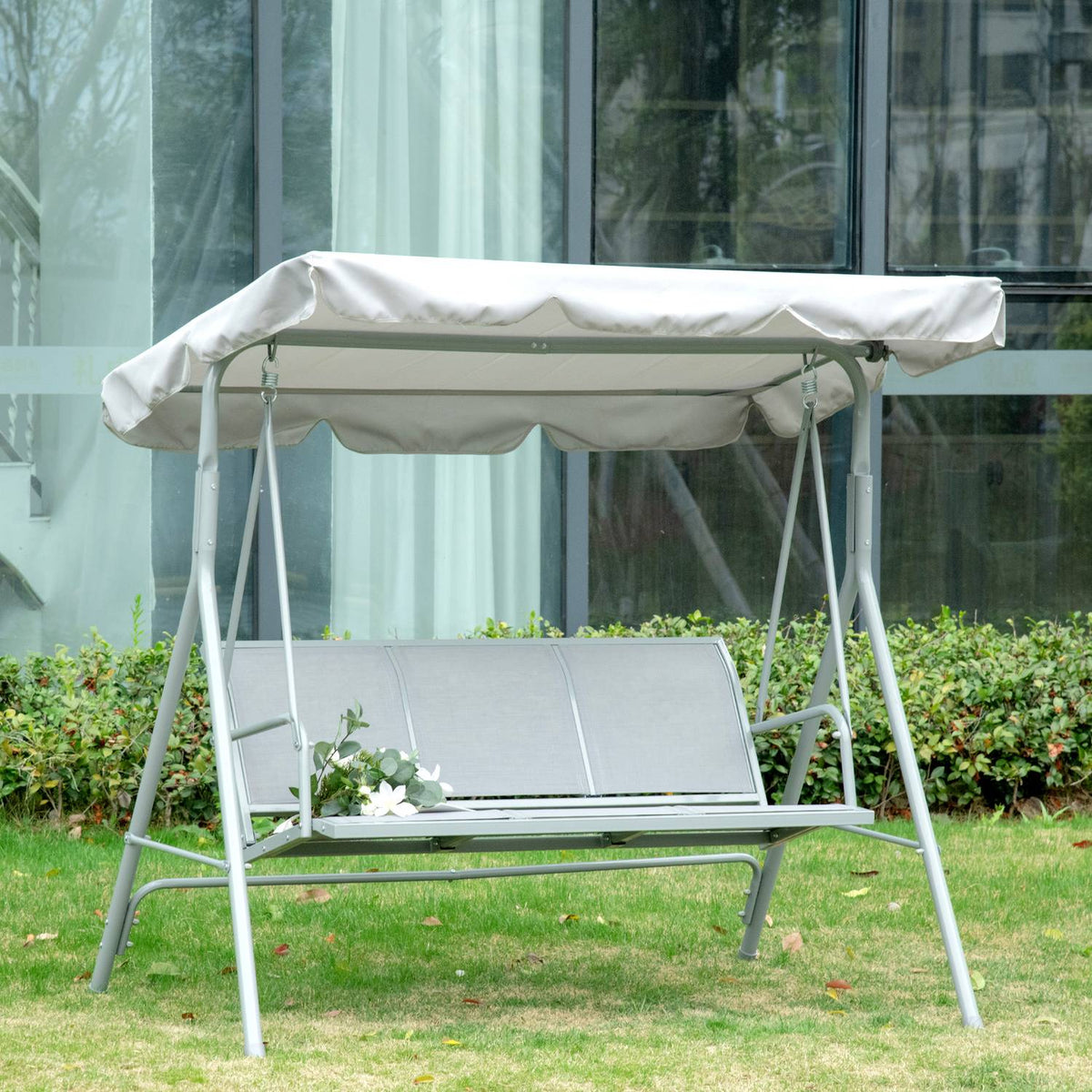 Hollywood Swing 3-Seater Garden Swing Bench With Roof Metal Gray + Silver 170 X 110 X 153 Cm