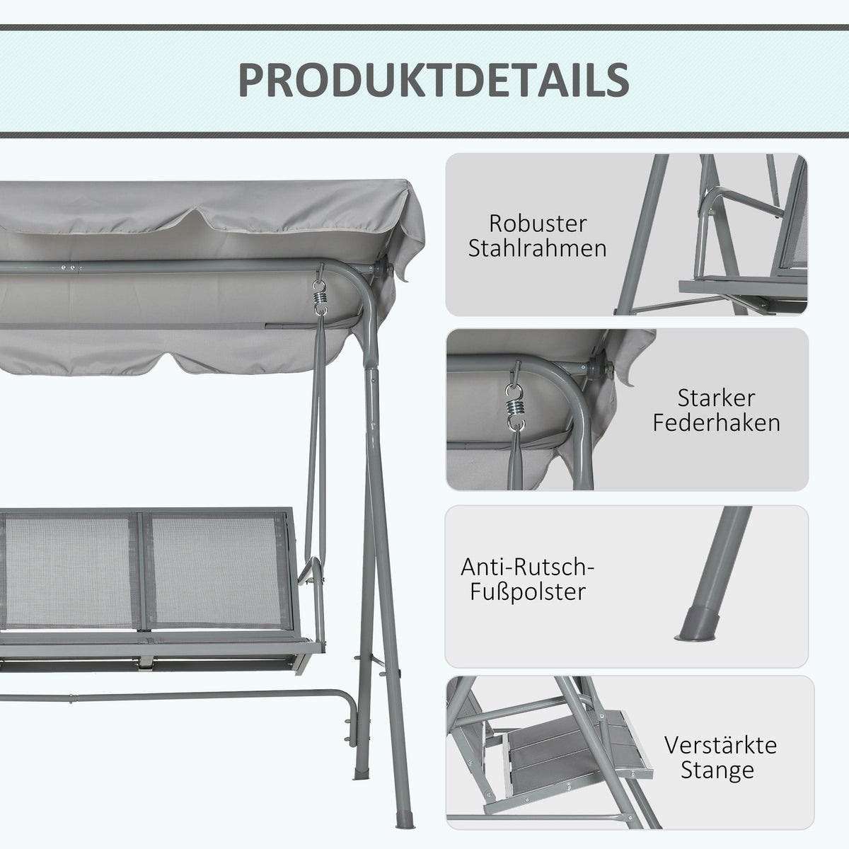 Hollywood Swing 3-Seater Garden Swing Bench With Roof Metal Gray + Silver 170 X 110 X 153 Cm