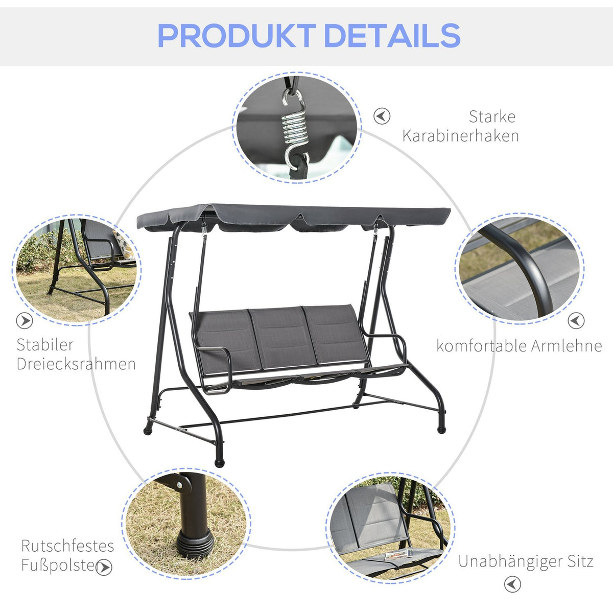 Hollywood Swing 3-Seater Garden Swing With Adjustable Sun Canopy, Steel & Polyester, Grey, 205X118X170Cm
