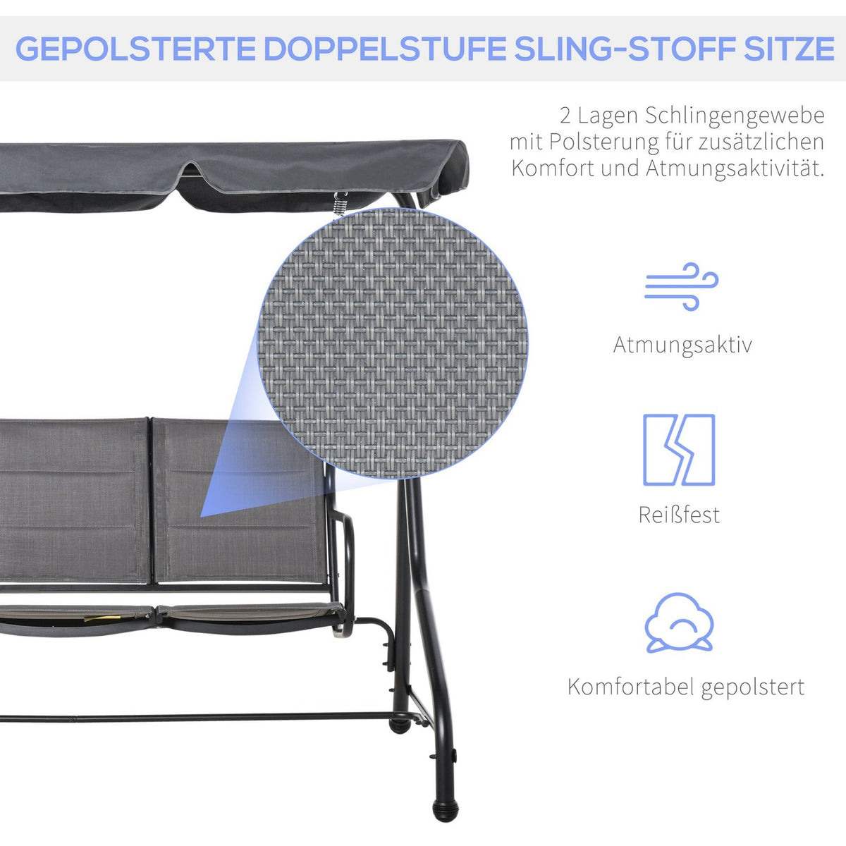 Hollywood Swing 3-Seater Garden Swing With Adjustable Sun Canopy, Steel & Polyester, Grey, 205X118X170Cm