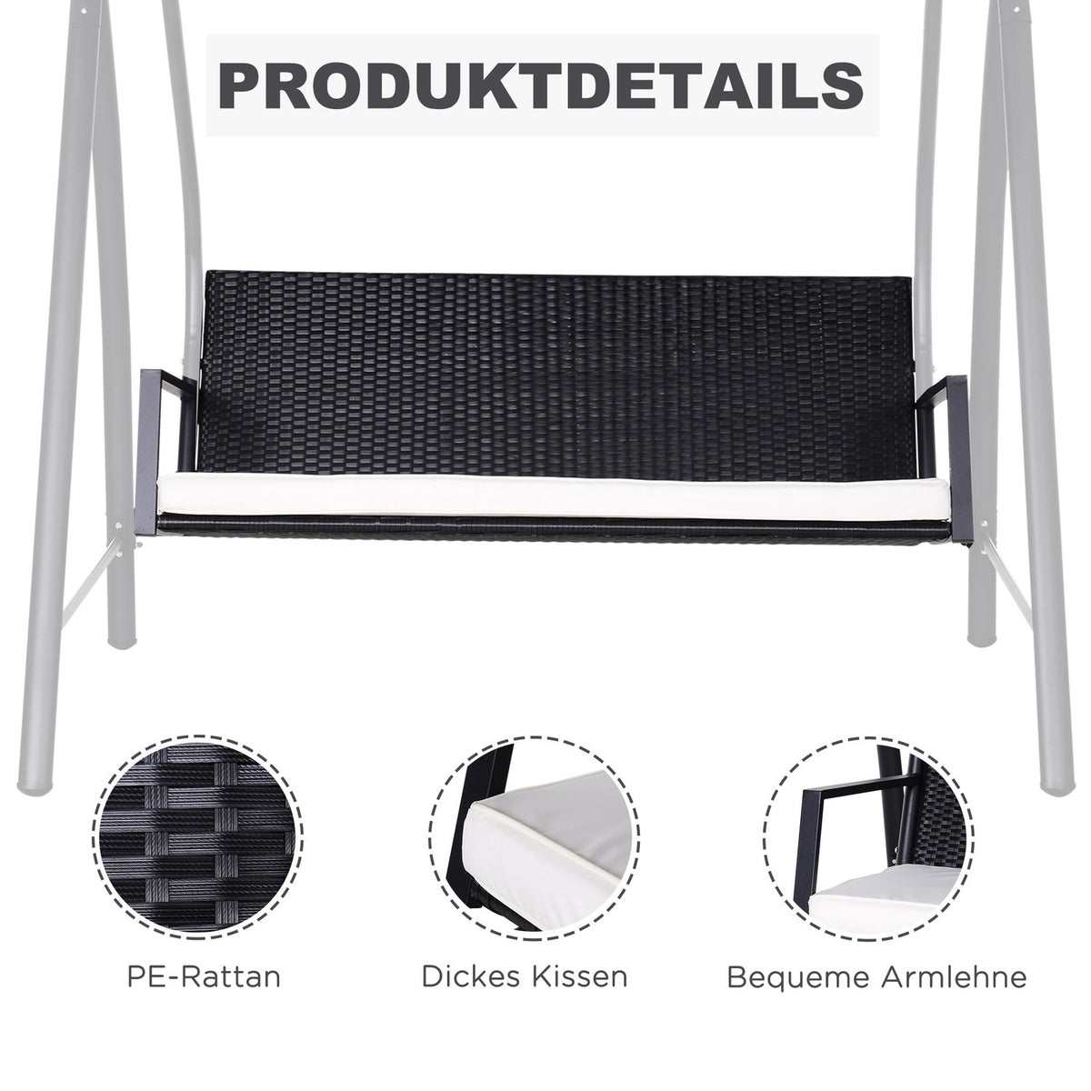 Hollywood Swing 3-Seater Garden Swing With Roof Made Of Polyrattan + Metal, Black, 198 X 124 X 179 Cm