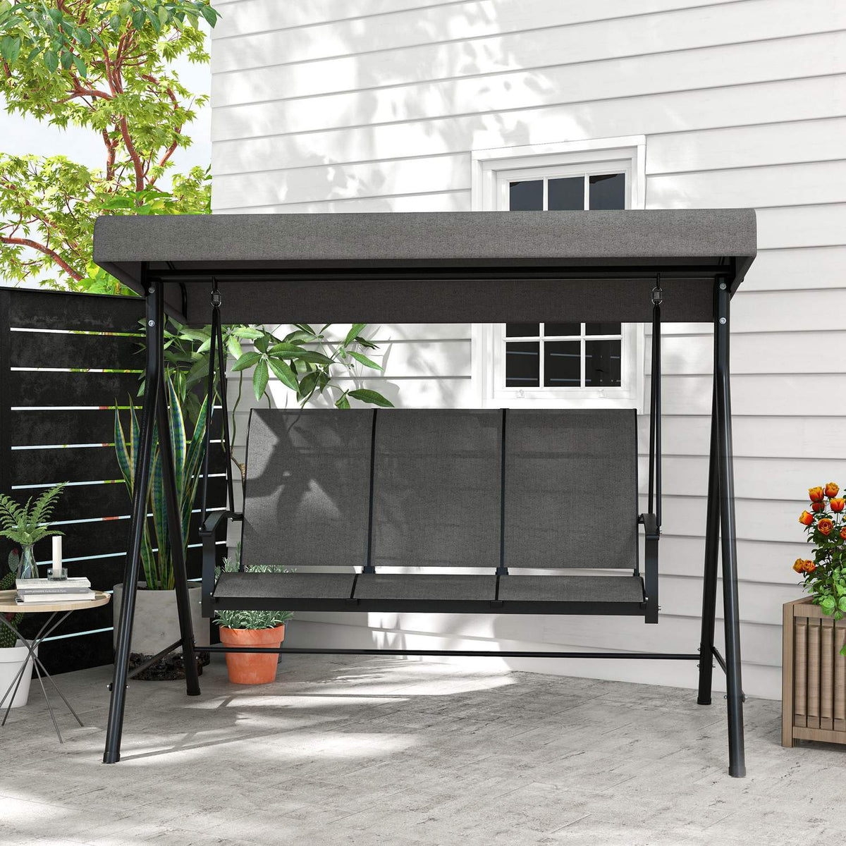 Hollywood Swing 3-Seater Garden Swing with Adjustable Roof Holds up to 240 kg Metal Textline Dark Gray 195 x 118 x 170 cm