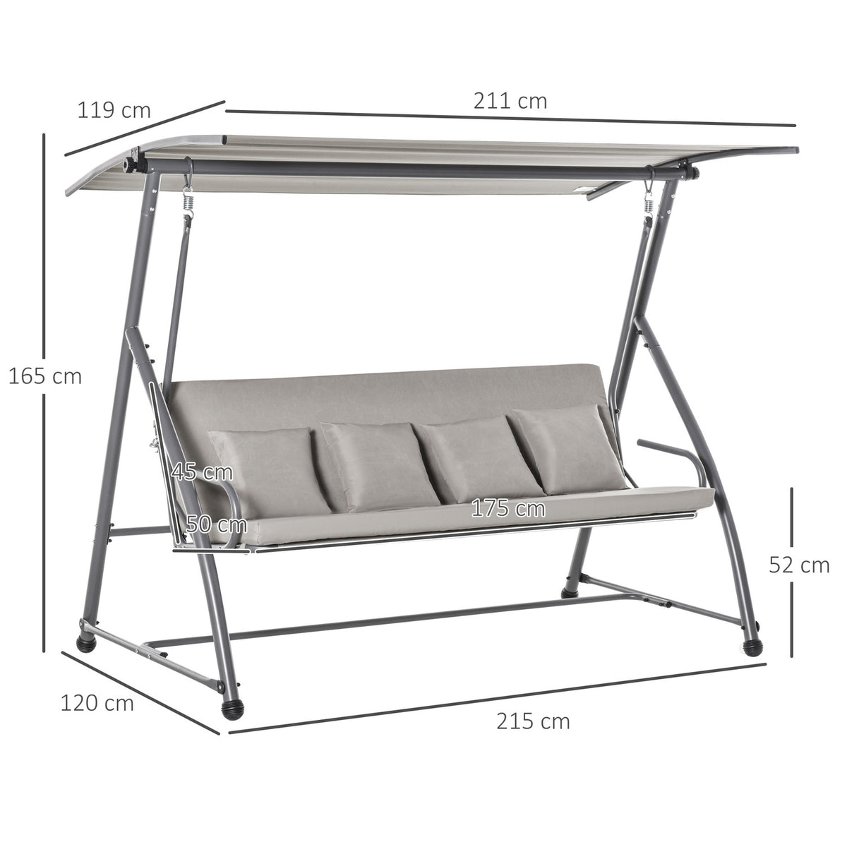 Hollywood Swing 3-Seater Luxury Hanging Bench With Adjustable Roof & Reclining Function, Polyester, Brown, 215X120X165Cm
