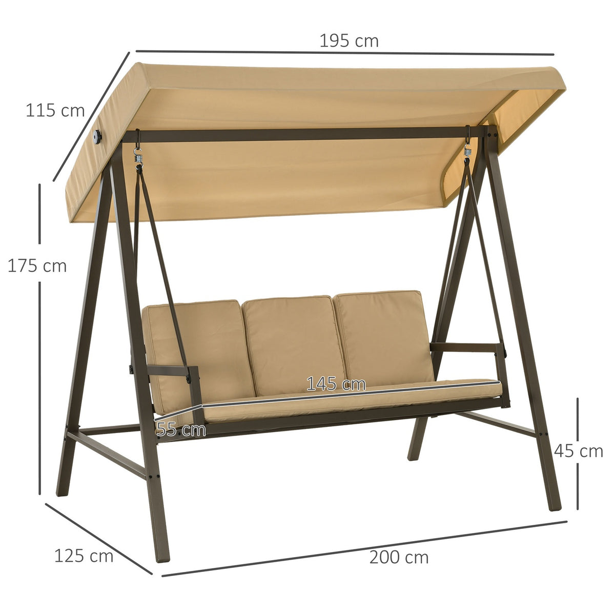 Hollywood Swing 3-Seater Swing Bench With Adjustable Roof, Swing Bench With Back Cushion, Garden Swing With A Load Capacity Of Up To 360 Kg, Beige