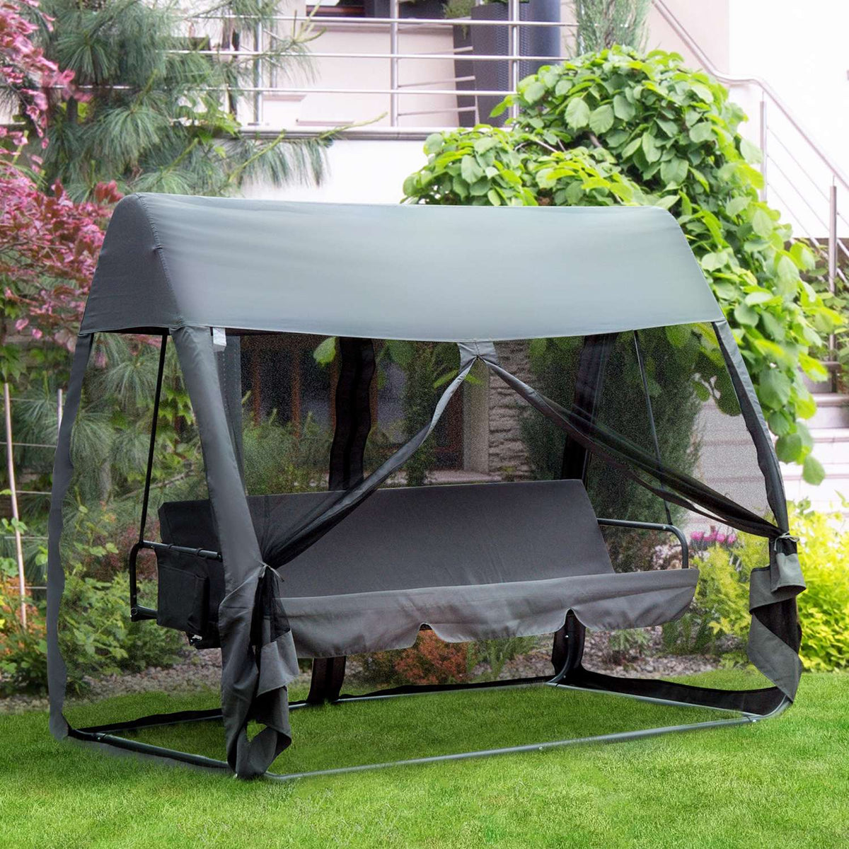 Hollywood Swing Bench Garden Lounger 3-Seater With Side Walls Gray 240X135X197Cm