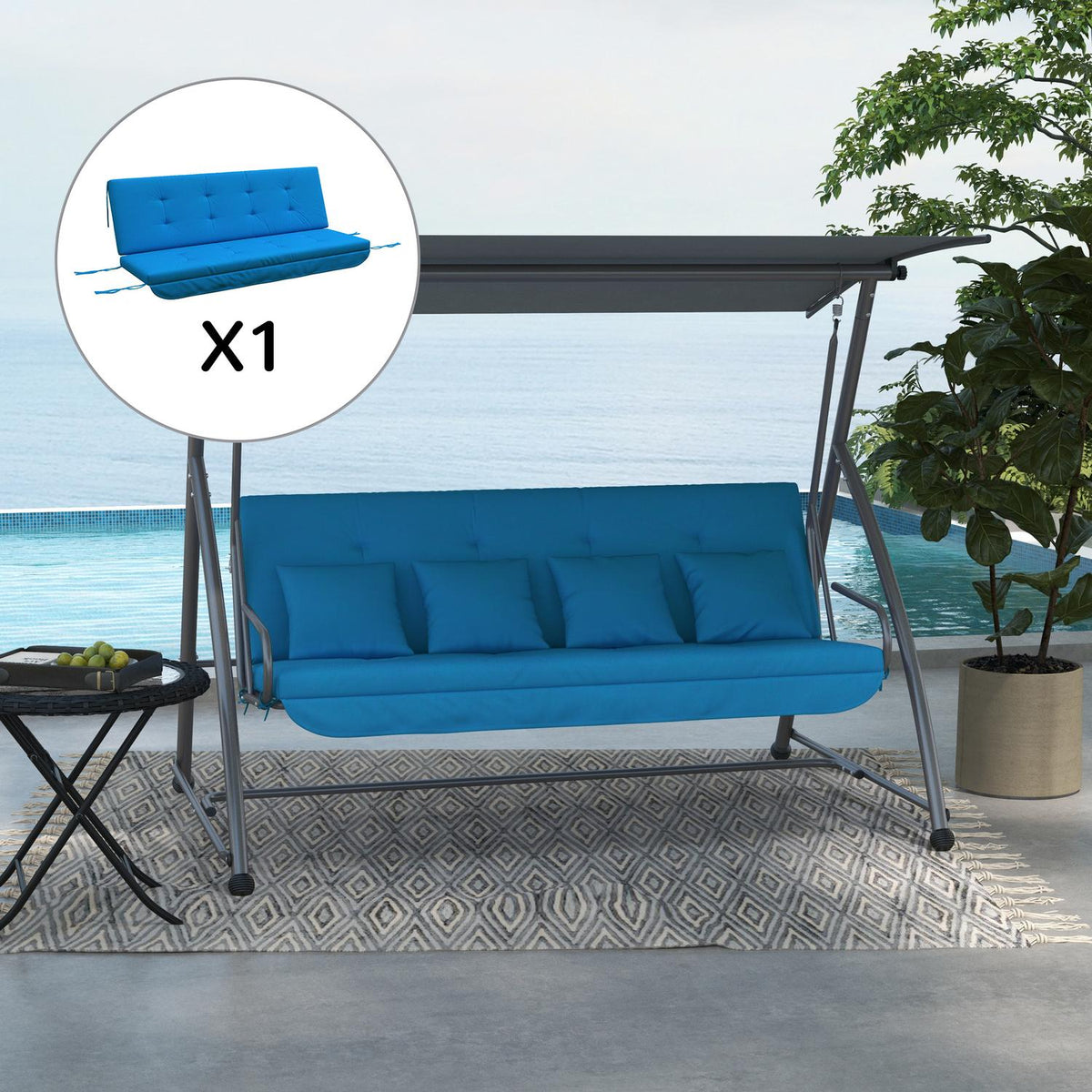 Hollywood Swing Cushion Set 170 Cm Chair Cushion Swing Cushion Seat Cushion Garden Swing Garden Cushion Back Cushion Side Cushion Blue
