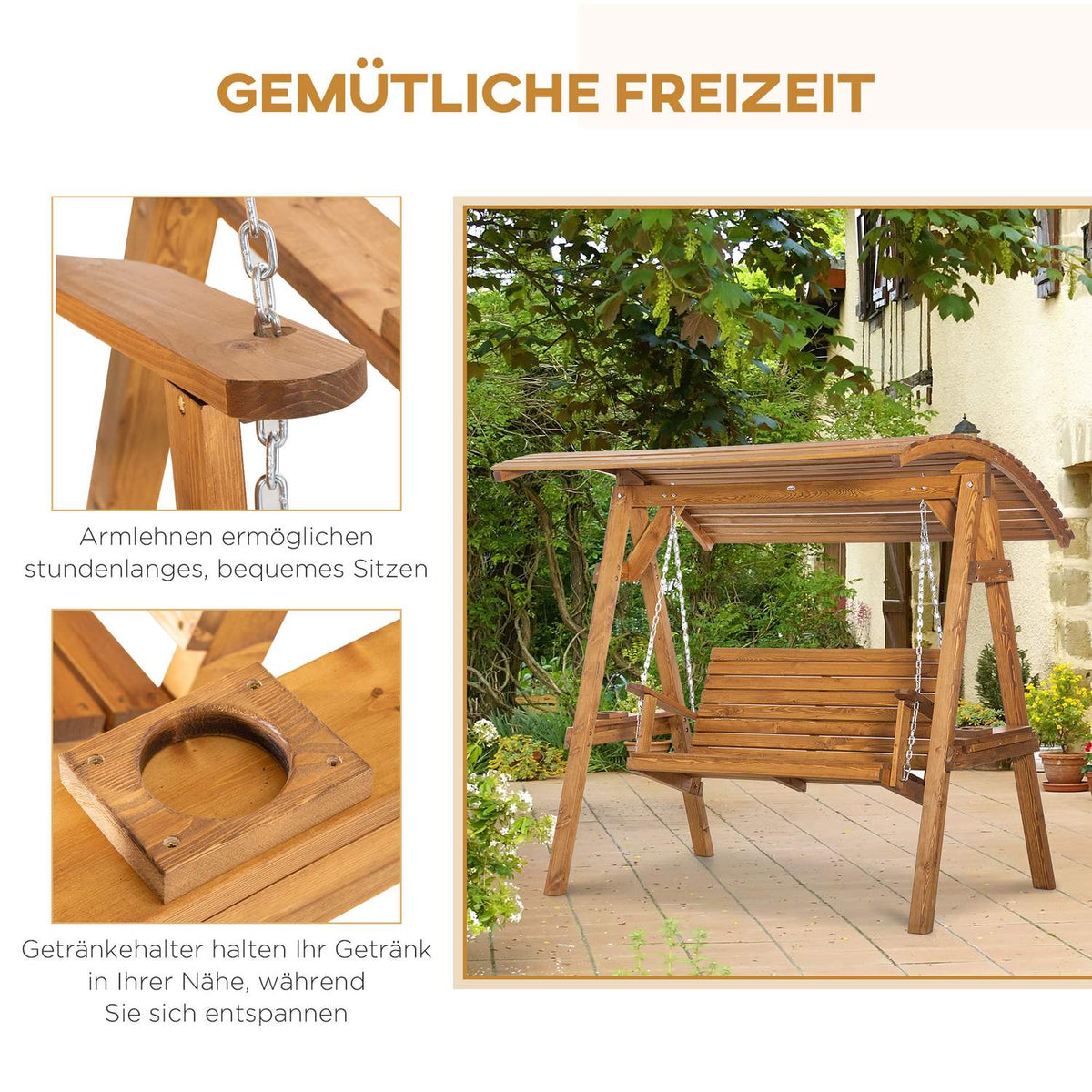 Hollywood Swing Garden Lounger 2 People Swing Bench Swing With Adjustable Roof Pine Wood 189 X 162 X 180 Cm