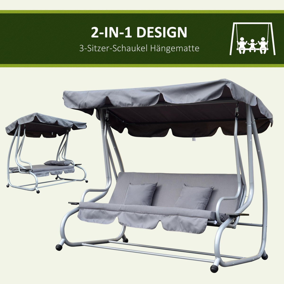 Hollywood Swing Garden Swing 3-Seater Reclining Function Steel Gray 200X120X164Cm