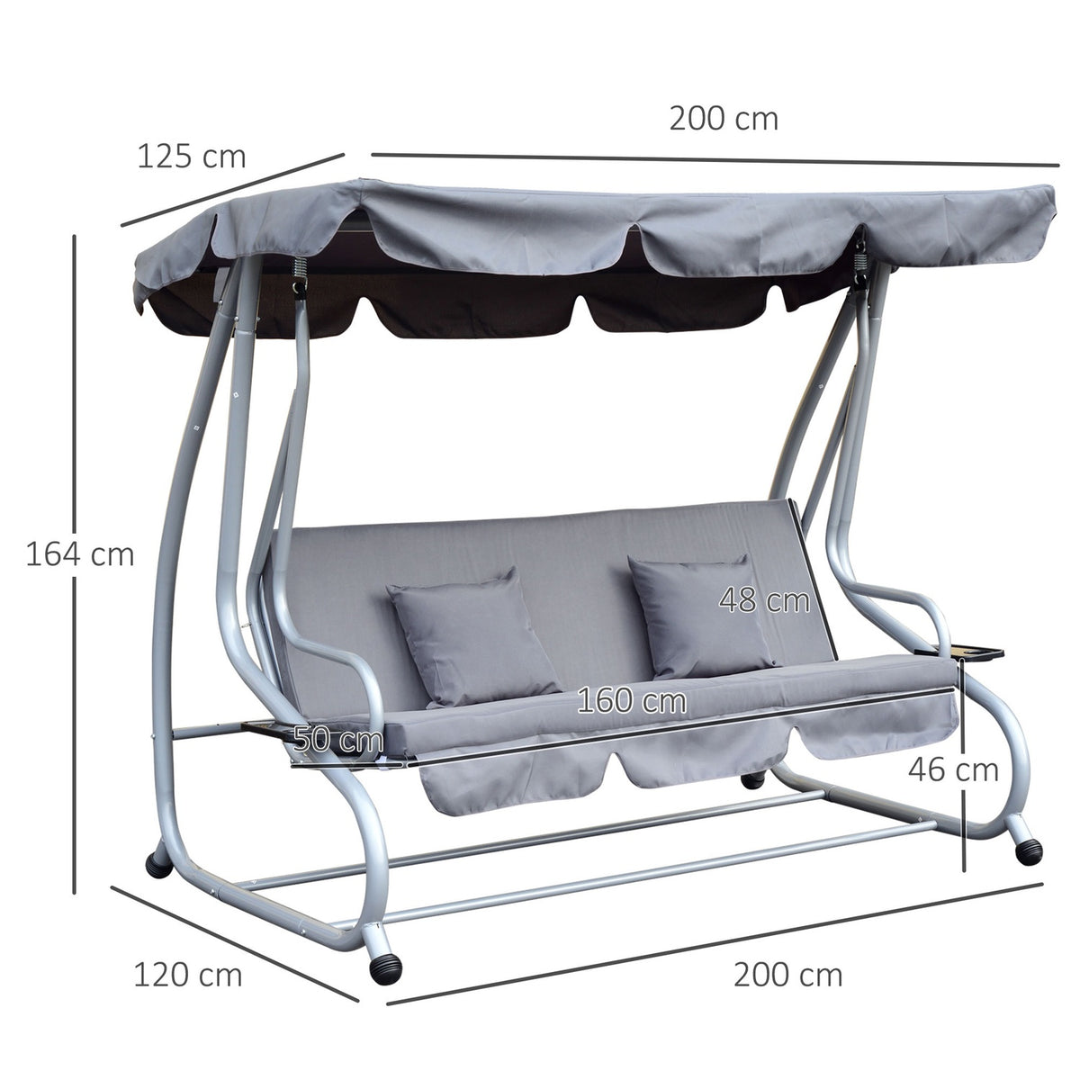 Hollywood Swing Garden Swing 3-Seater Reclining Function Steel Gray 200X120X164Cm