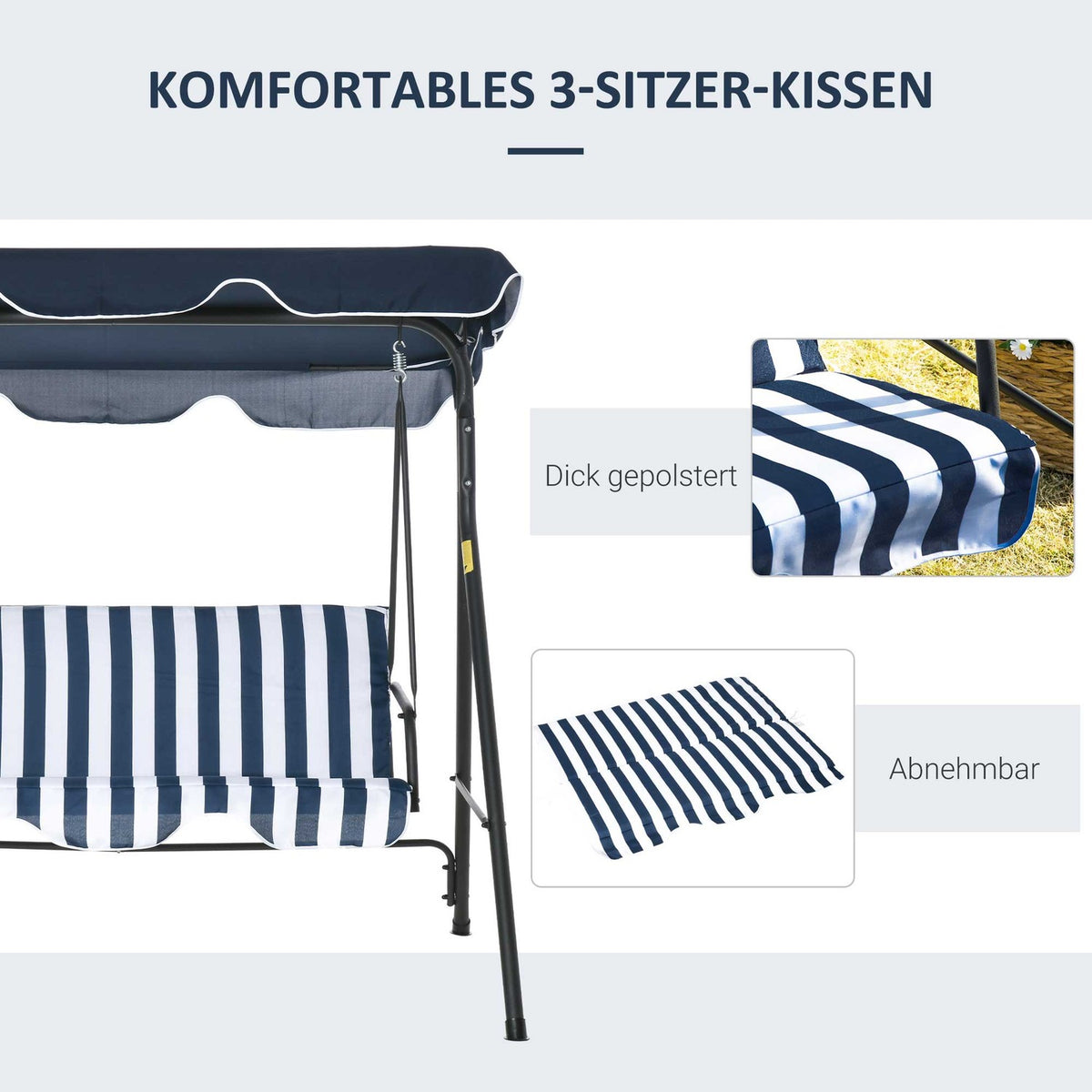 Hollywood Swing Garden Swing Bench 3-Seater With Roof Steel Blue + White 172 X 110 X 153 Cm