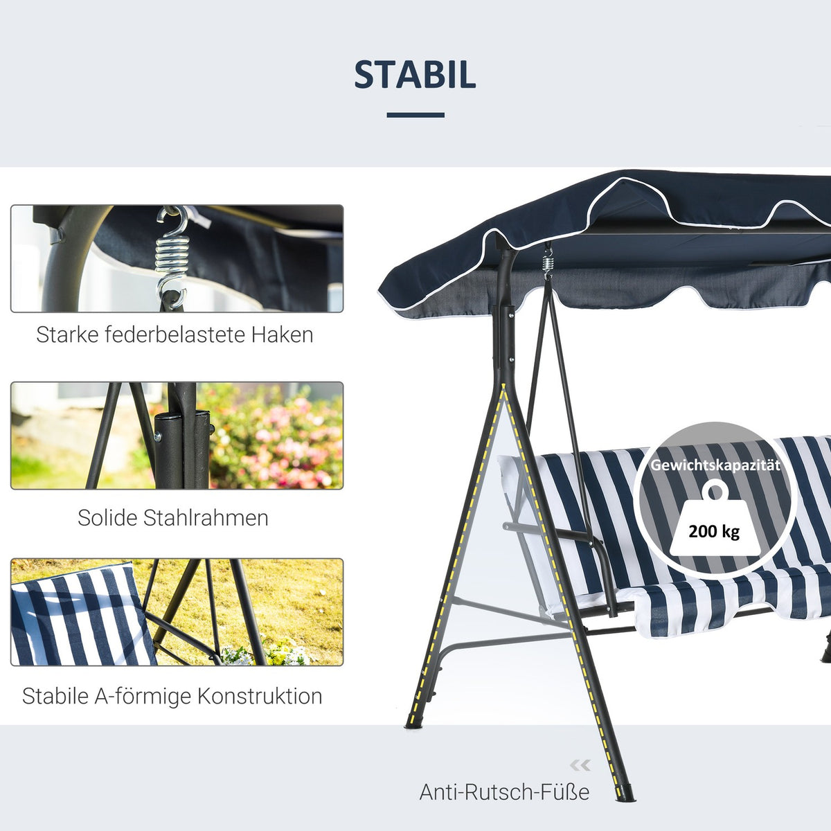 Hollywood Swing Garden Swing Bench 3-Seater With Roof Steel Blue + White 172 X 110 X 153 Cm