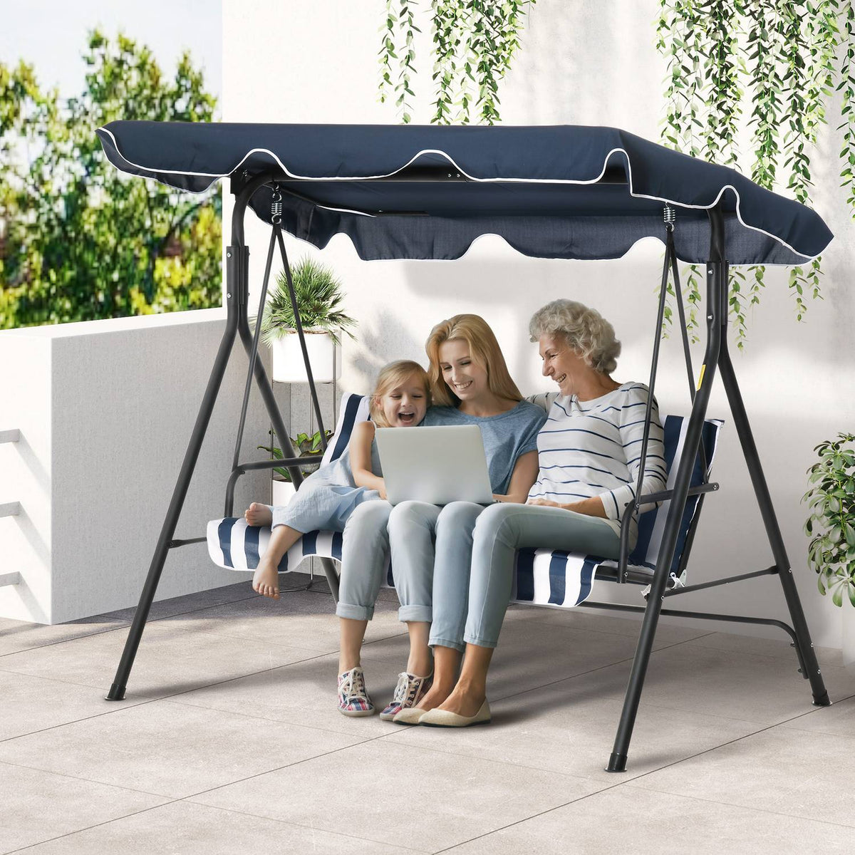 Hollywood Swing Garden Swing Bench 3-Seater With Roof Steel Blue + White 172 X 110 X 153 Cm