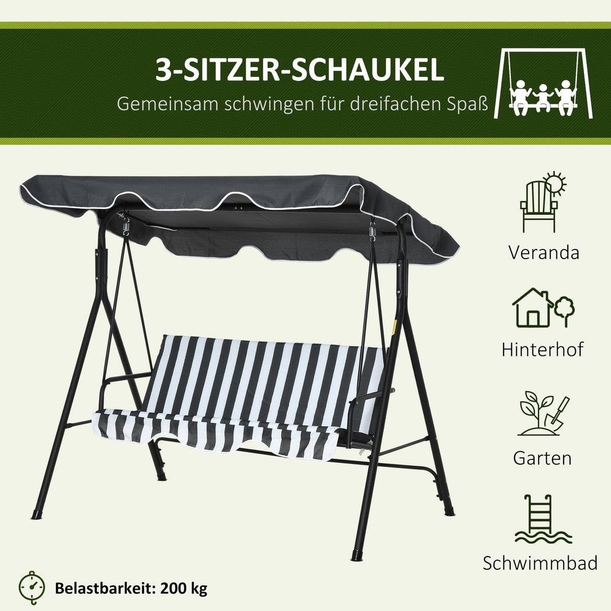 Hollywood Swing Garden Swing Bench 3-Seater With Roof Steel Gray + White 172 X 110 X 153 Cm