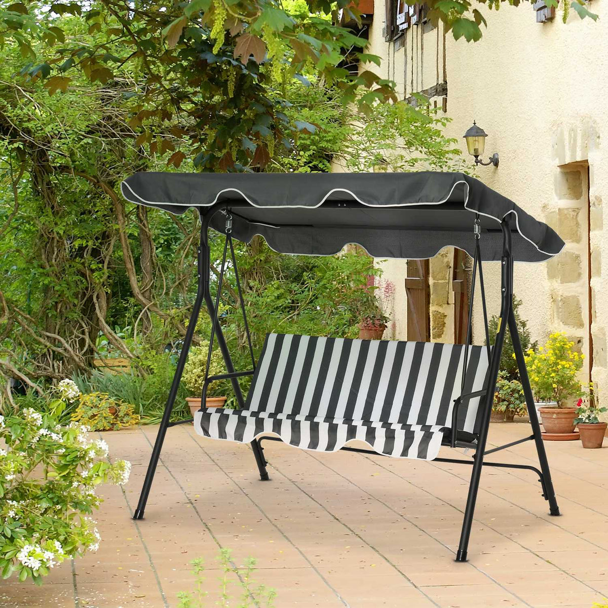 Hollywood Swing Garden Swing Bench 3-Seater With Roof Steel Gray + White 172 X 110 X 153 Cm