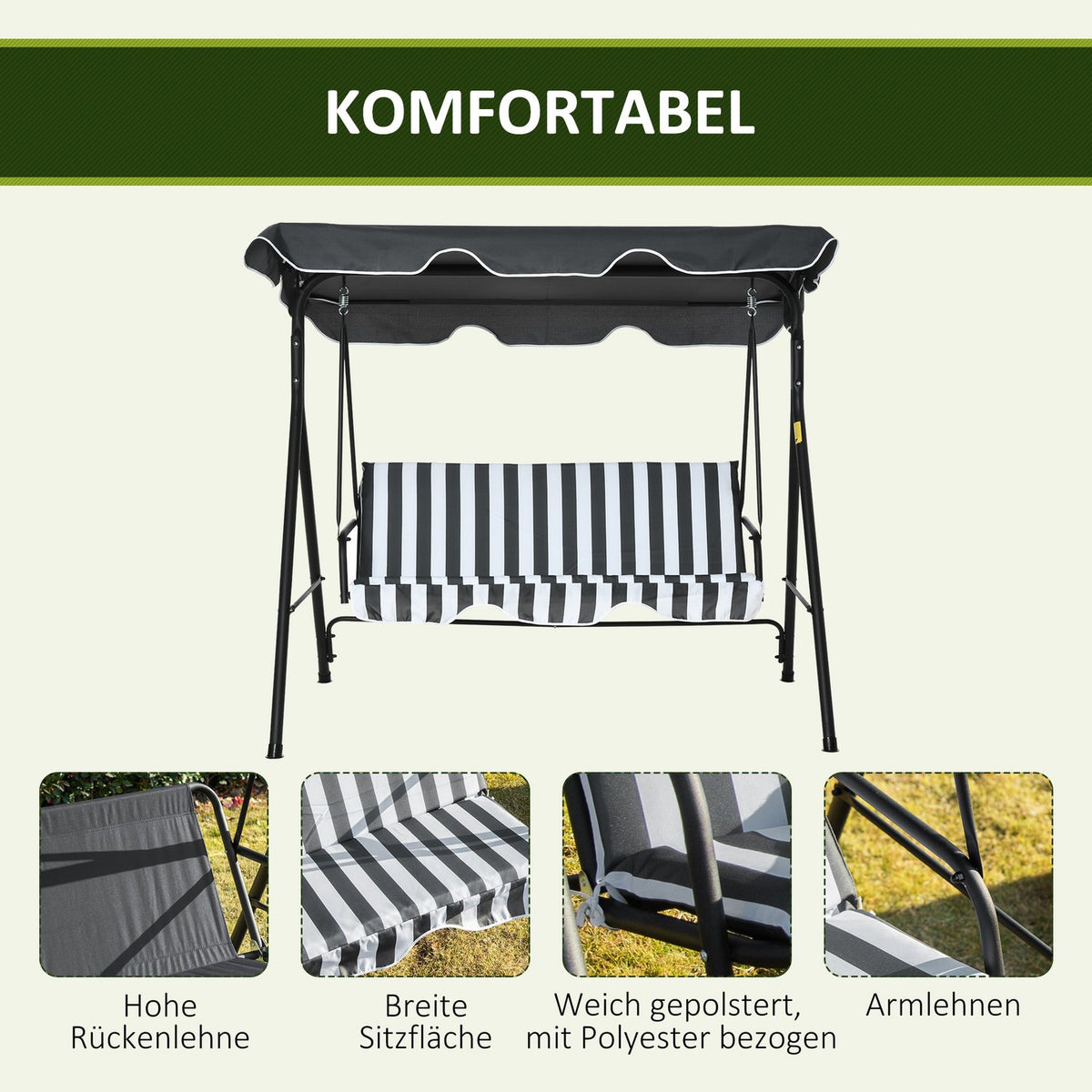 Hollywood Swing Garden Swing Bench 3-Seater With Roof Steel Gray + White 172 X 110 X 153 Cm