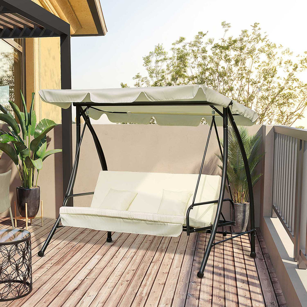 Hollywood Swing Garden Swing Swing Bench With Reclining Function, 3 Seater, Metal + Polyester, White, 200 X 125 X 170 Cm