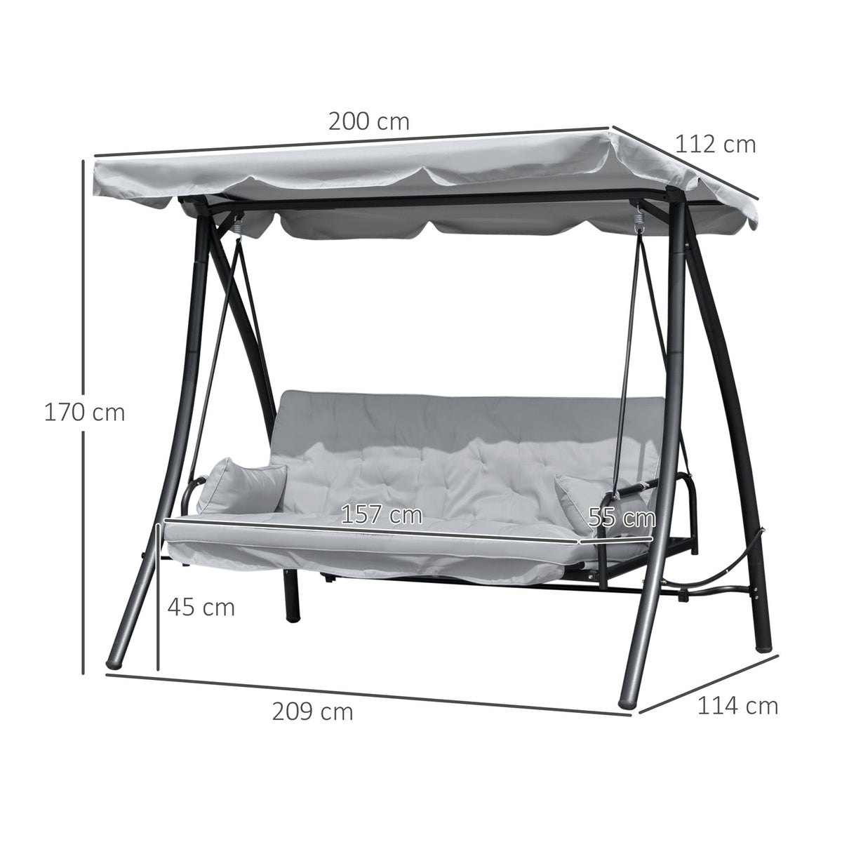 Hollywood Swing Garden Swing Swing Bench With Reclining Function, 3 Seater, Metal + Polyester, White, 209 X 114 X 170 Cm