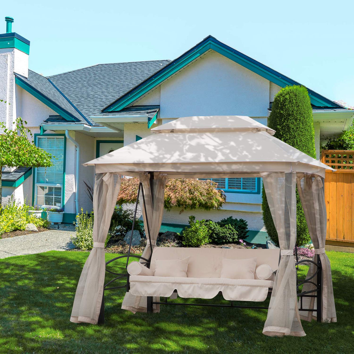 Hollywood Swing Garden Swing With Side Walls, 3-Seater, Beige, 256X172X248Cm