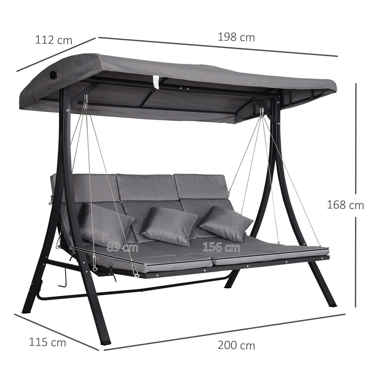 Hollywood Swing Gray 3-Seater Garden Swing With Adjustable Sun Canopy, 200X115X168Cm