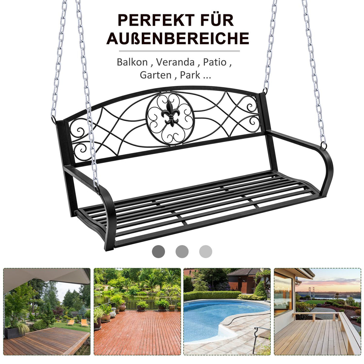 Hollywood Swing Weatherproof Garden Swing Hanging Bench 2-Seater Swing Bench With Chains Metal Black 132 X 63 X 58 Cm