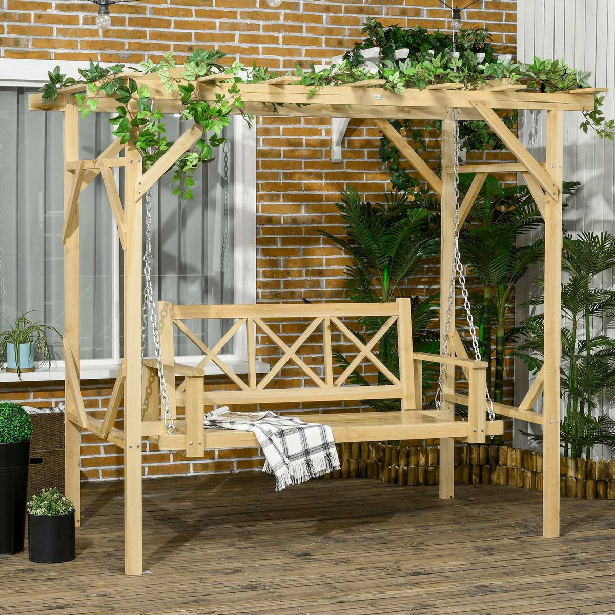 Hollywood Swing With Pergola, 2-Seater Garden Swing, Weatherproof Swing Bench For Garden, Solid Wood, Natural, 221 X 140 X 196 Cm