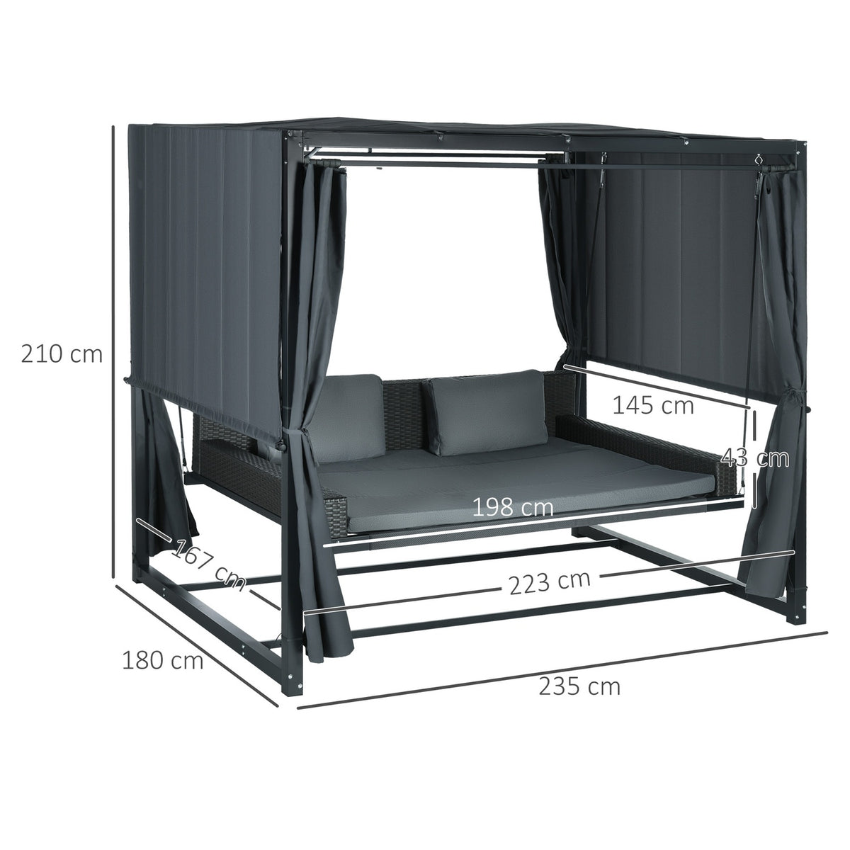 Hollywood Swing With Pergola, Garden Swing With Cushion, Weatherproof Swing Bed, For Garden, 235 X 180 X 210 Cm, Dark Gray